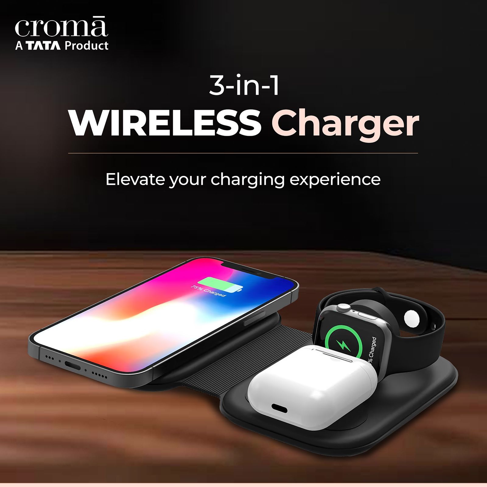 Croma 15W 3-in-1 Wireless Charger for iPhone 14, 14 Pro, 15, 15 Pro, iWatch 4, 5, 6, 7, 8 (Qi Compatible, Foldable Design, Black)_7