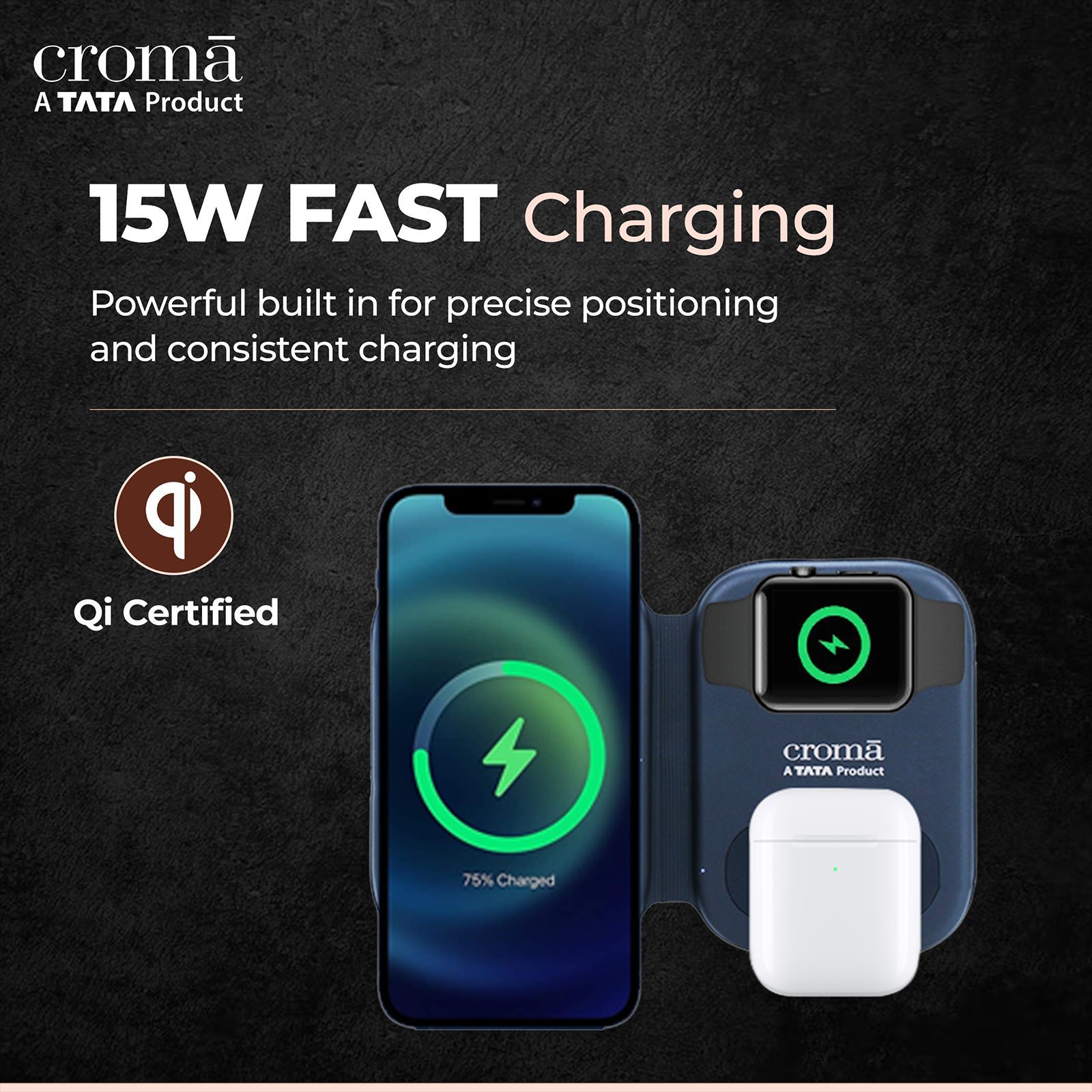 Croma 15W 3-in-1 Wireless Charger for iPhone 14, 14 Pro, 15, 15 Pro, iWatch 4, 5, 6, 7, 8 (Qi Compatible, Foldable Design, Black)_8