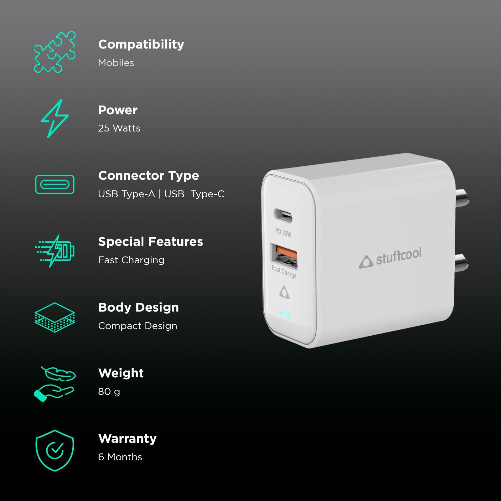Stuffcool Flow 25W Type A and Type C 2-Port Fast Charger (Adapter Only, BIS Approved, White)_2