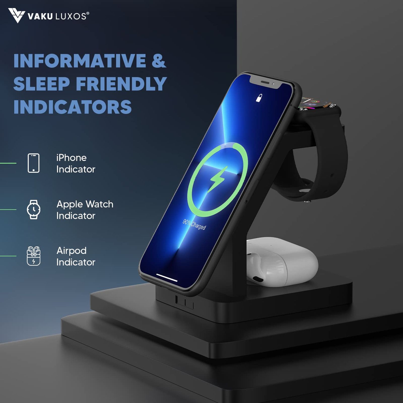 Vaku Luxos Trinity 3IN1 23W Wireless Charging Stand for iOS and Apple Watch (Qi Certified, Short Circuit Protection, Black)_7