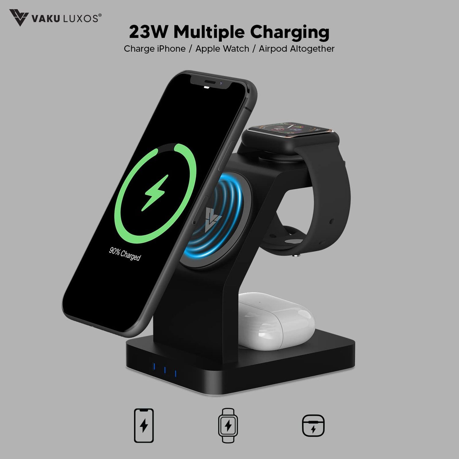 Vaku Luxos Trinity 3IN1 23W Wireless Charging Stand for iOS and Apple Watch (Qi Certified, Short Circuit Protection, Black)_8