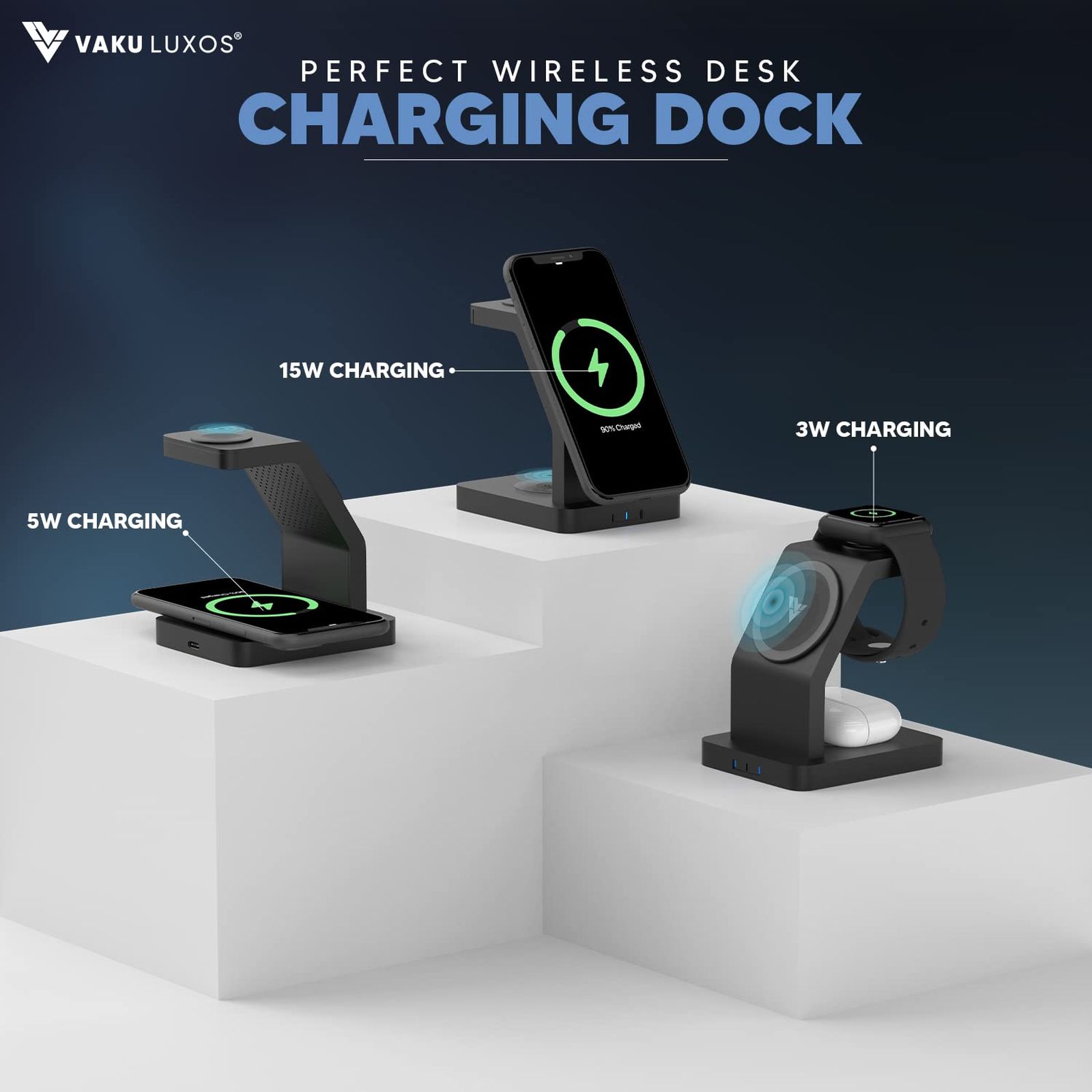 Vaku Luxos Trinity 3IN1 23W Wireless Charging Stand for iOS and Apple Watch (Qi Certified, Short Circuit Protection, Black)_9