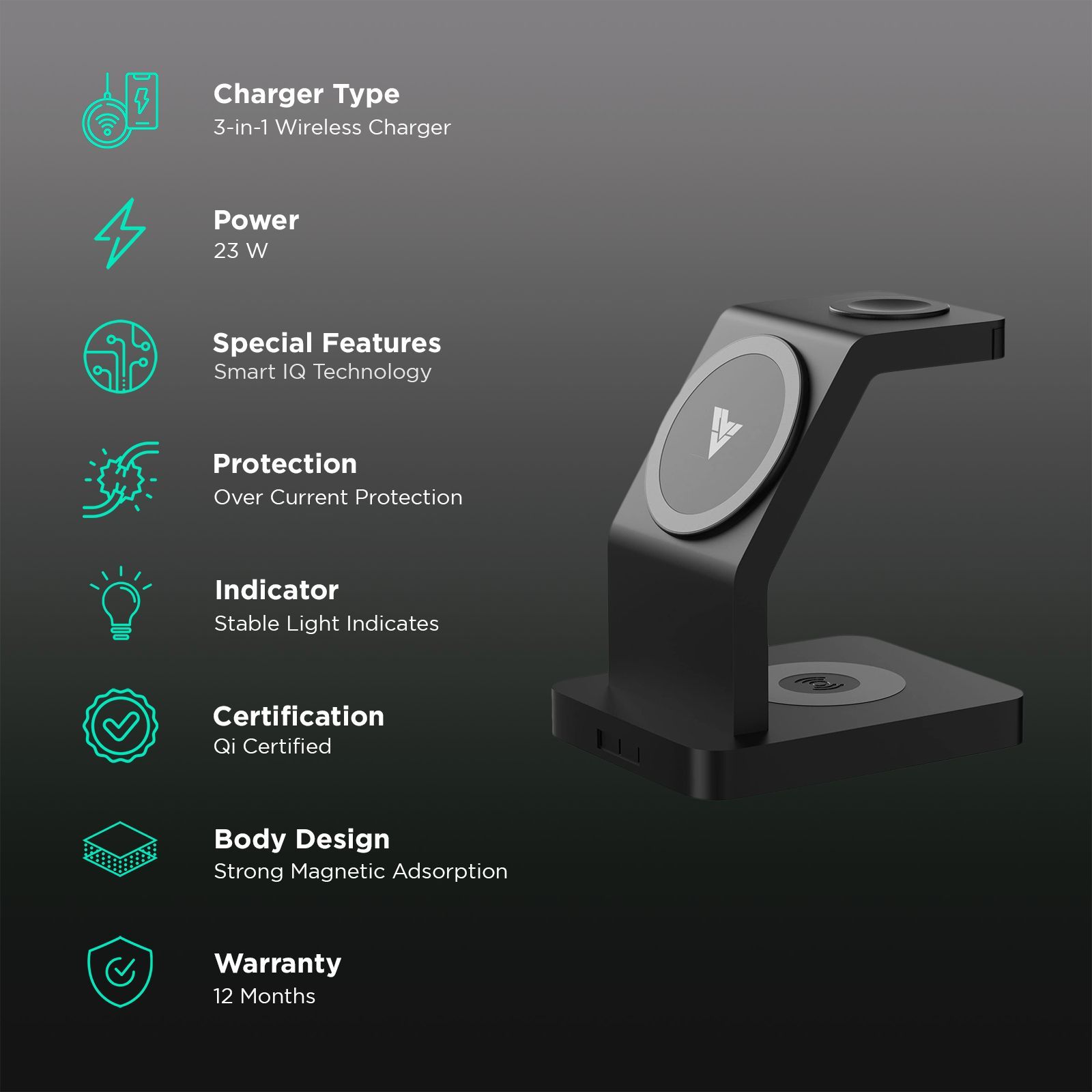 Vaku Luxos Trinity 3IN1 23W Wireless Charging Stand for iOS and Apple Watch (Qi Certified, Short Circuit Protection, Black)_2