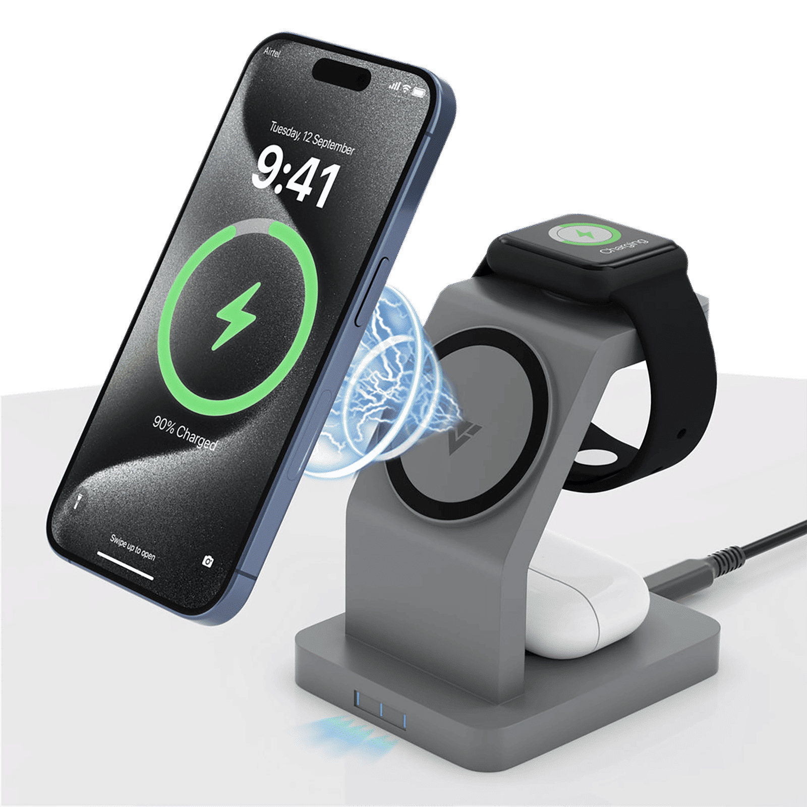 Vaku Luxos Trinity 3IN1 23W Wireless Charging Stand for iOS and Apple Watch (Qi Certified, Short Circuit Protection, Black)_3