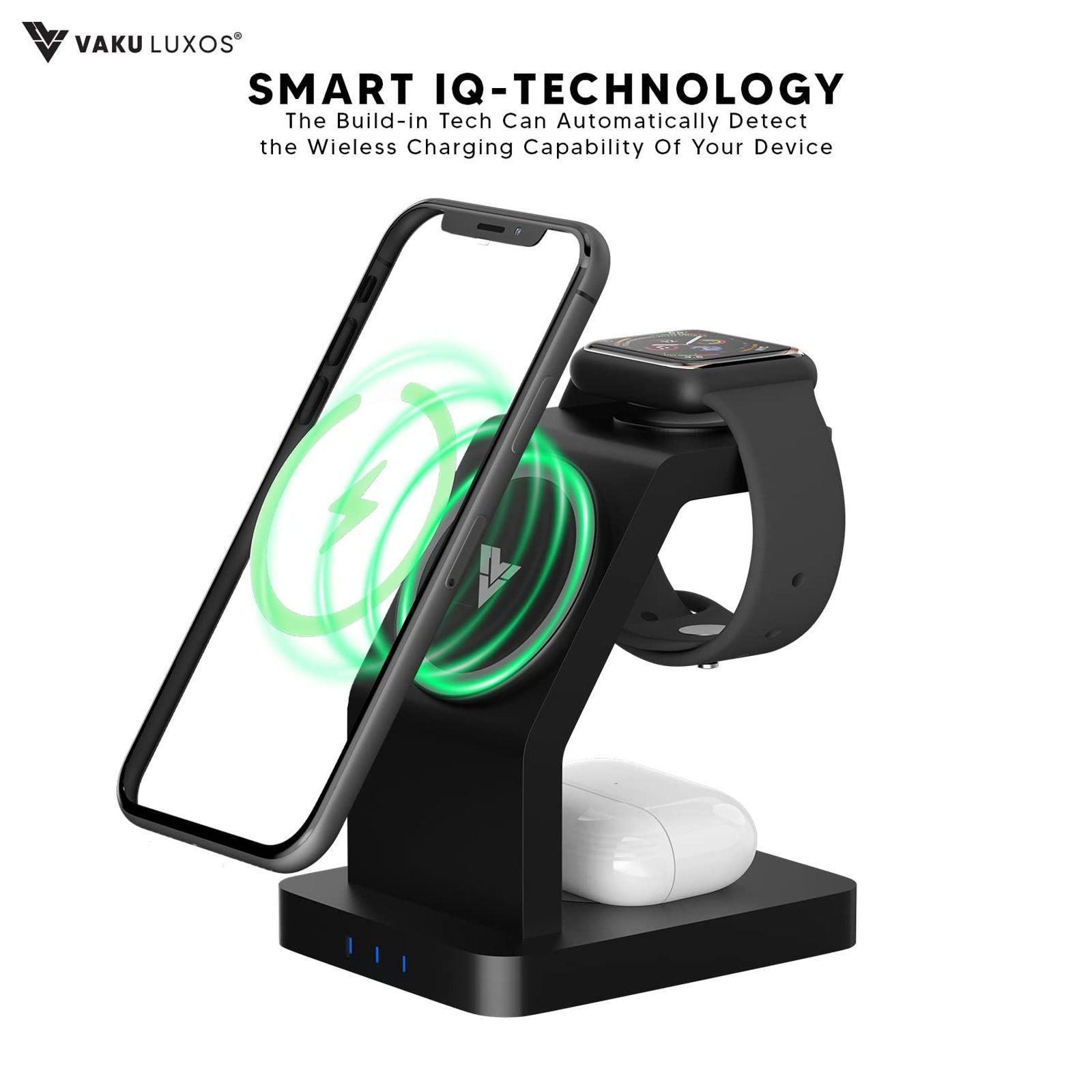 Vaku Luxos Trinity 3IN1 23W Wireless Charging Stand for iOS and Apple Watch (Qi Certified, Short Circuit Protection, Black)_4