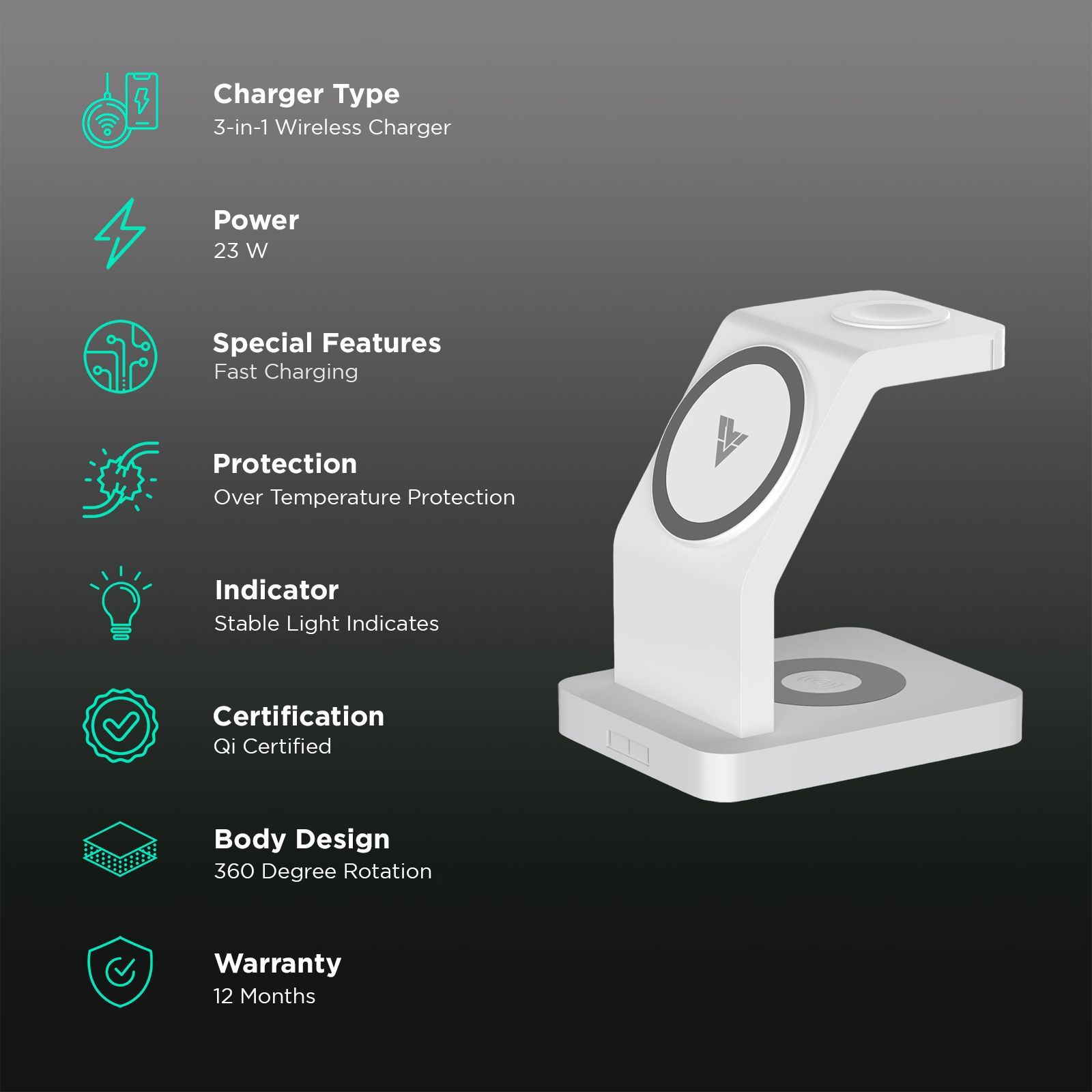 Vaku Luxos Trinity 3IN1 23W Wireless Charging Stand for iOS and Apple Watch (Qi Certified, Short Circuit Protection, White)_2