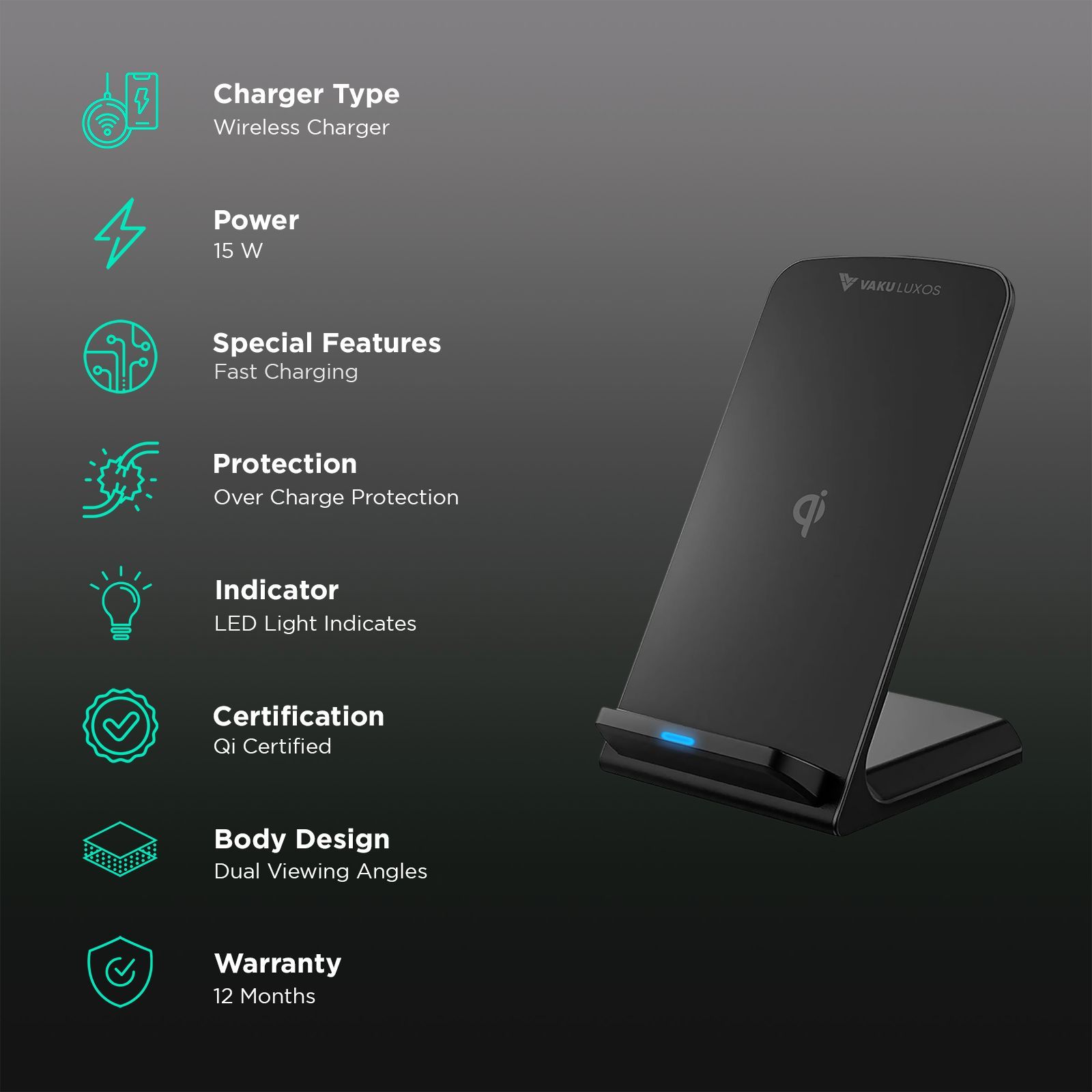 Vaku Luxos Unity II 15W Wireless Charging Stand for iOS, Android (Qi Certified, Dual Viewing Angles, Black) Vaku Luxos Unity II 15W Wireless Charging Stand for iOS, Android (Qi Certified, Dual Viewing Angles, Black)_2