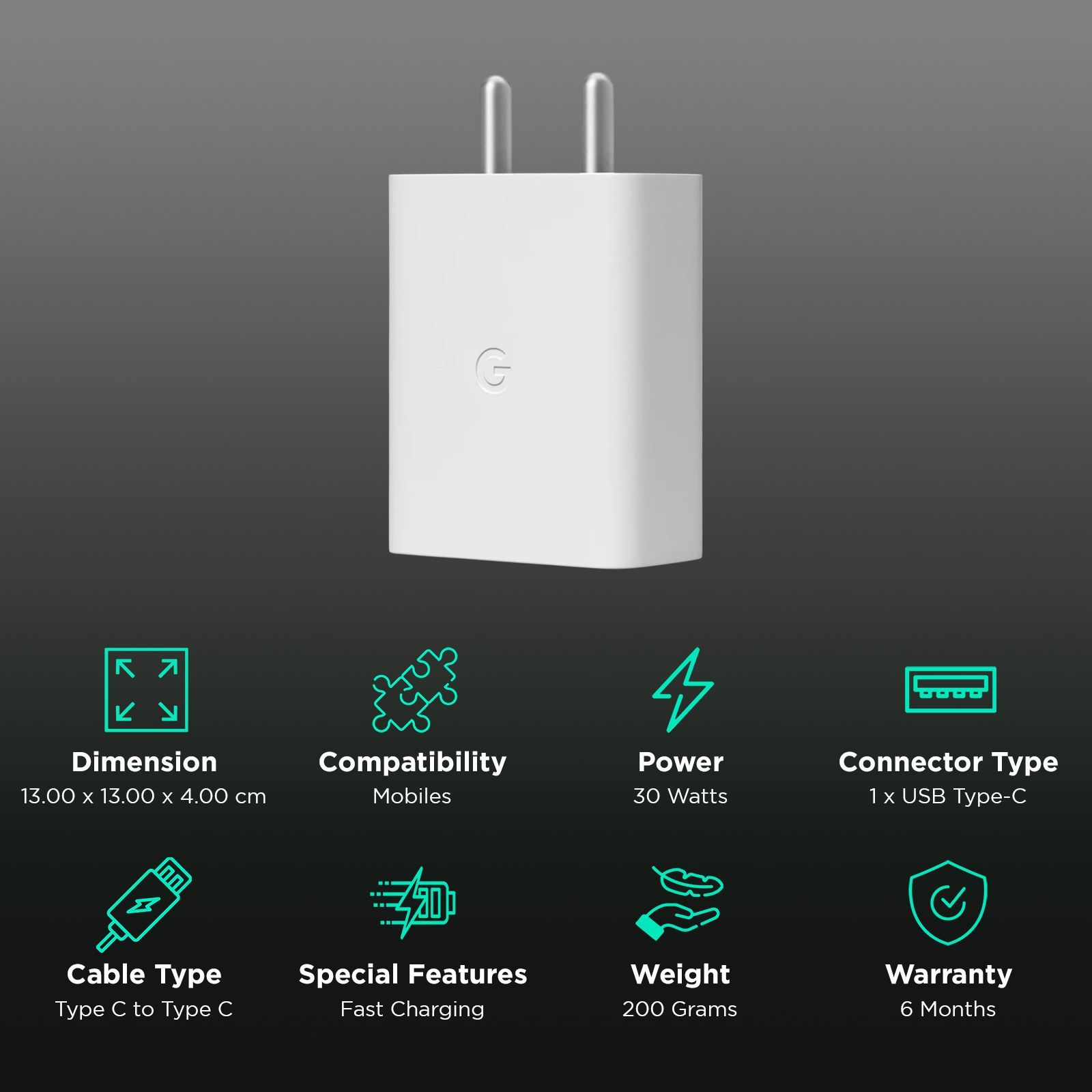 Google 30W Type C Fast Charger (Type C to Type C Cable, Wall Mount, White)_3