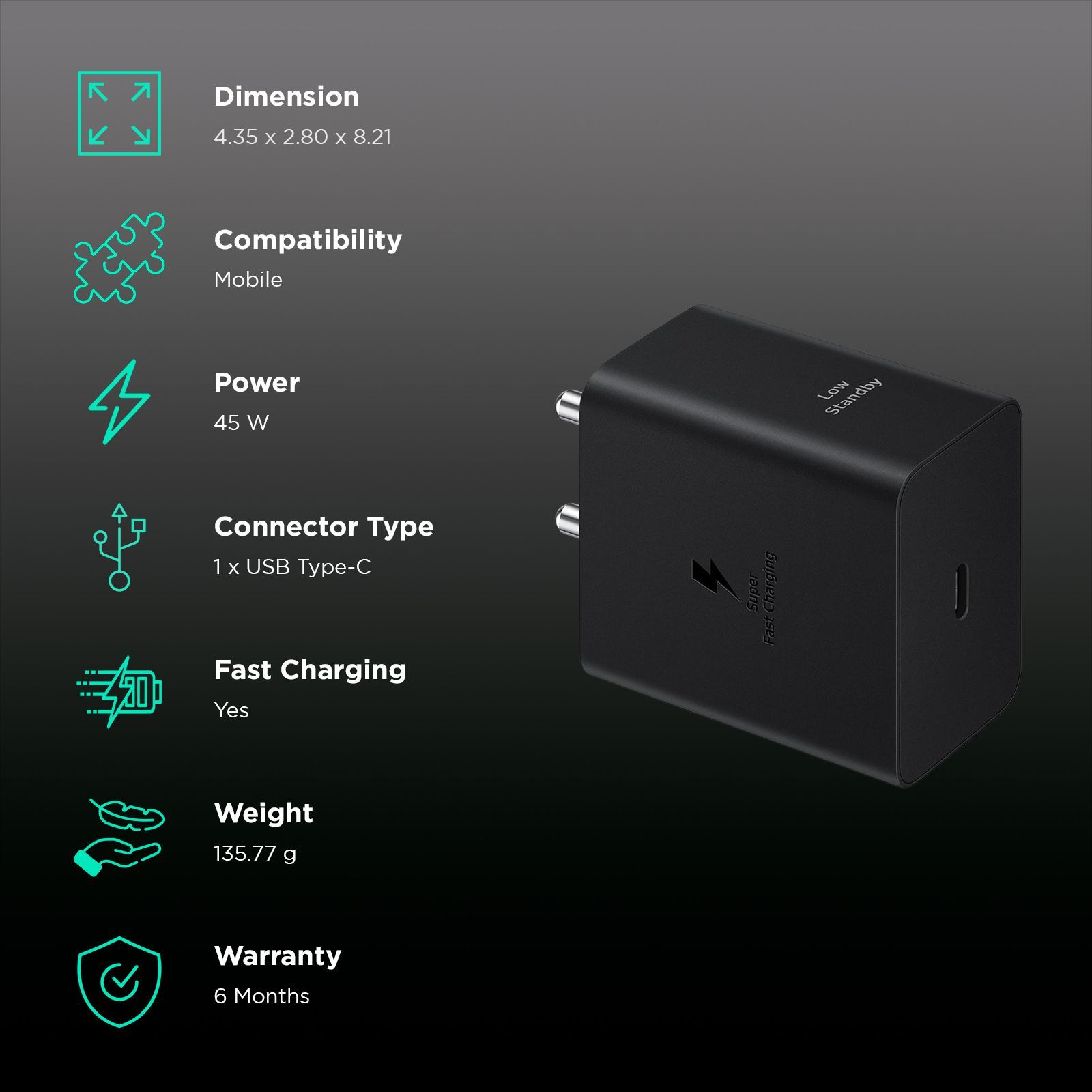 SAMSUNG EP-T4511XBEGIN 45W Type C Power Adaptor (Type C to Type C Cable, Charging Indicator, Black)_2