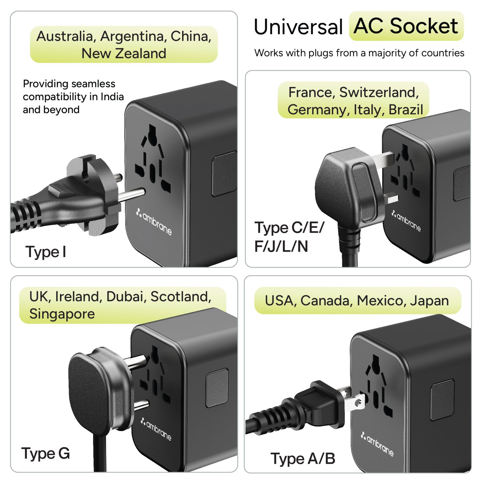 ambrane 3 Plugs Travel Adapter (With USB Port, ATA-02, Black)_7
