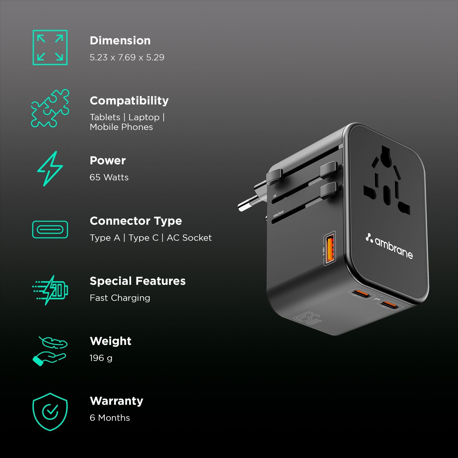 ambrane 3 Plugs Travel Adapter (With USB Port, ATA-02, Black)_2