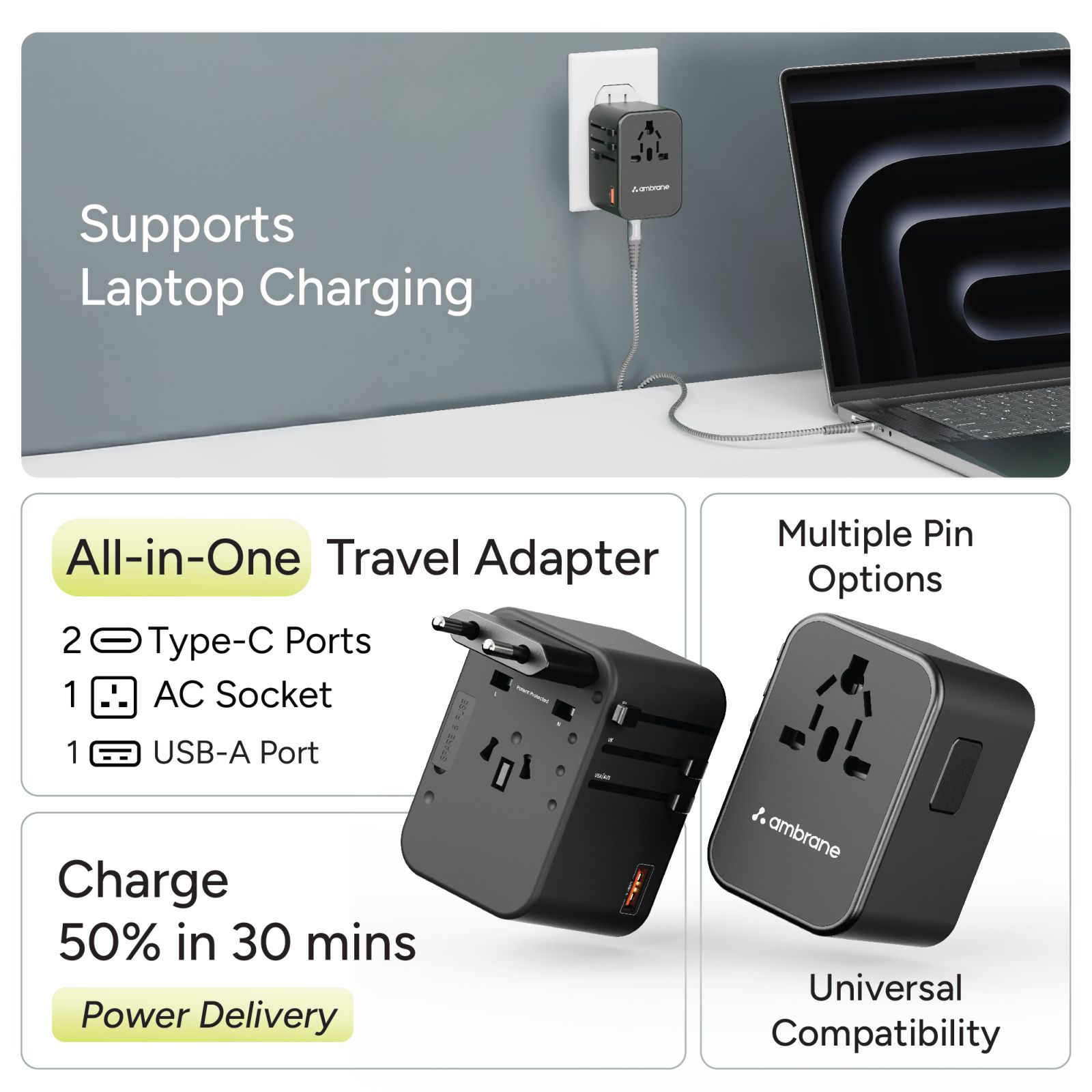 ambrane 3 Plugs Travel Adapter (With USB Port, ATA-02, Black)_3