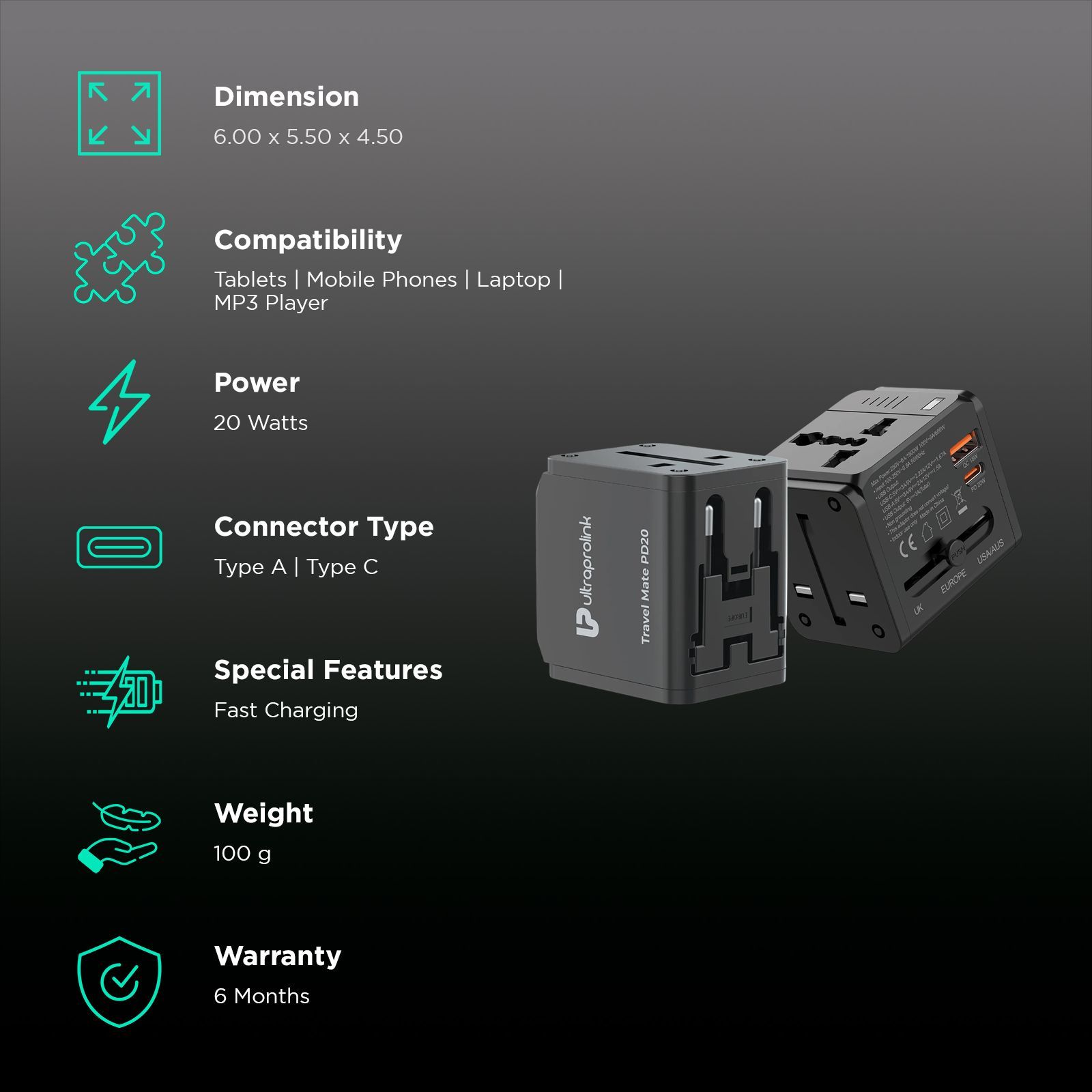 ultraprolink Travel Mate 4 Plugs Travel Adapter (With Dual USB Port, UM1189, Black)_2