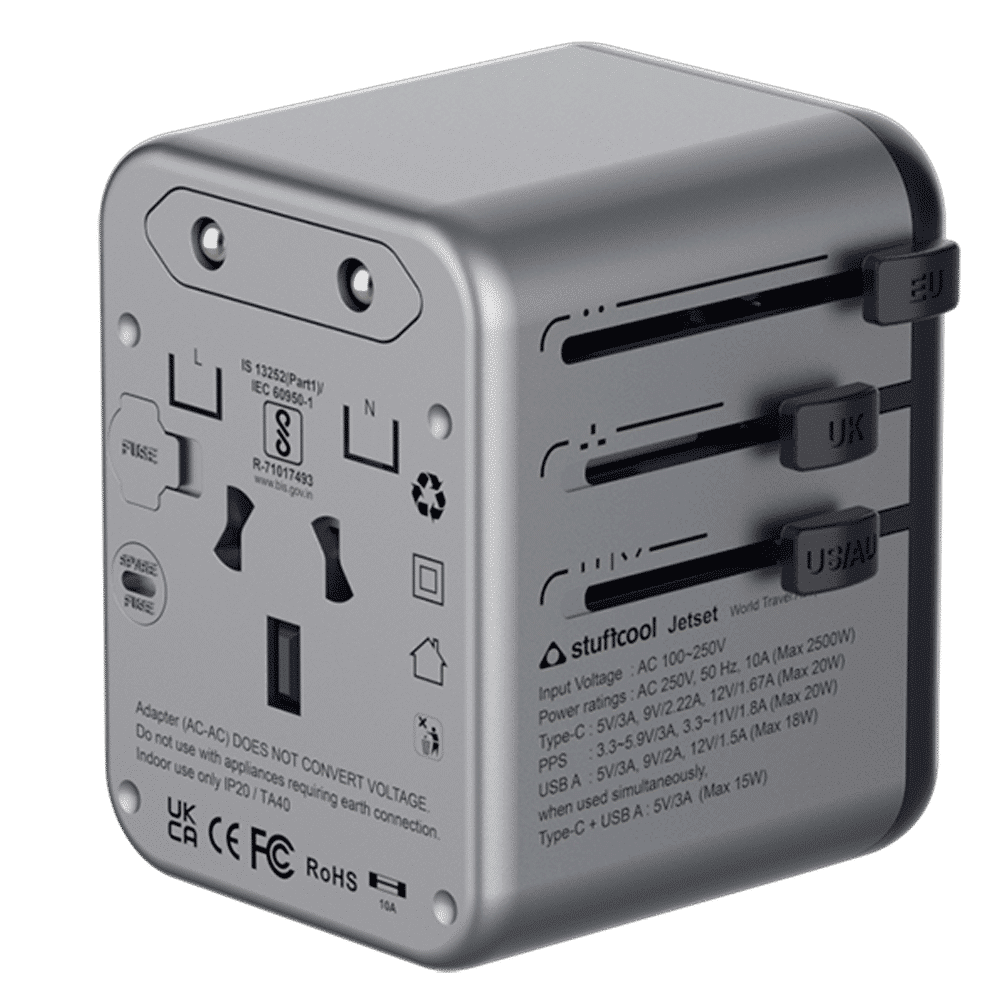 stuffcool Jetset 20W Type A & Type C 2-Port World Travel Adapter (Adapter Only, Quick Charge 3.0, Grey)_10