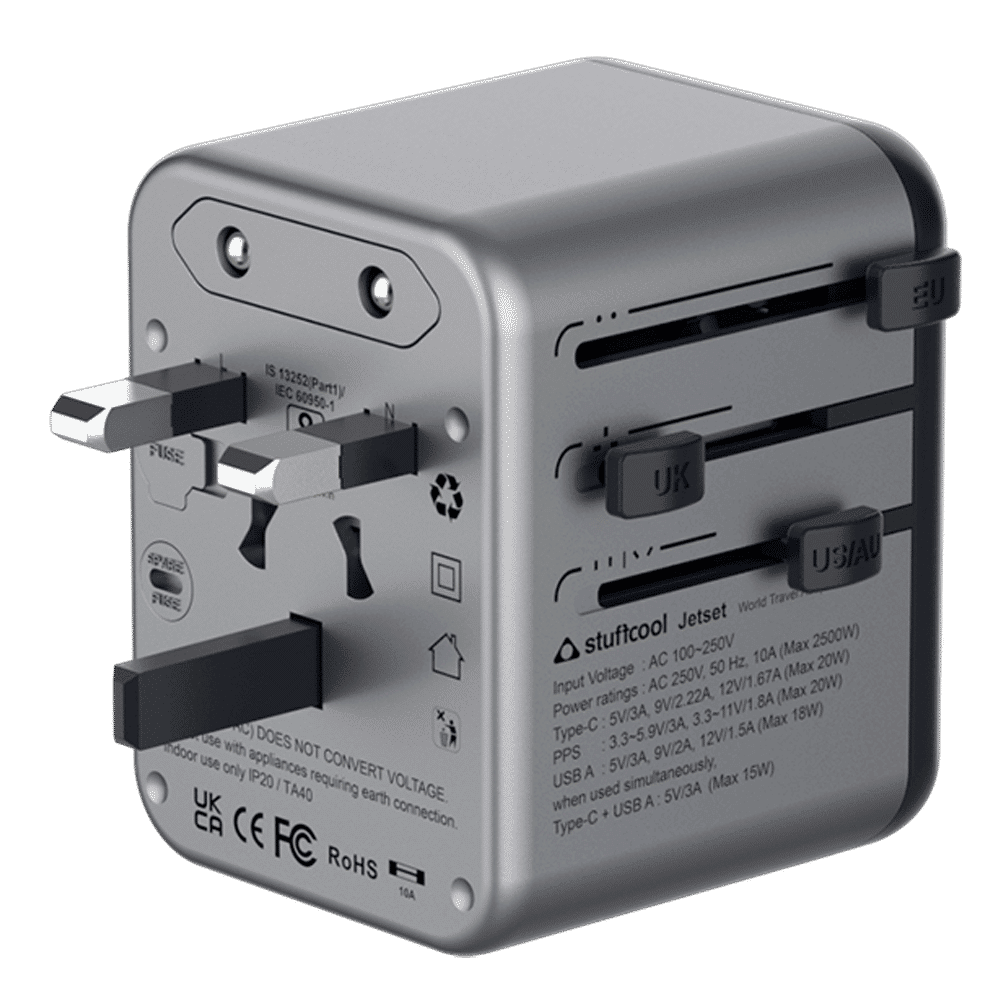 stuffcool Jetset 20W Type A & Type C 2-Port World Travel Adapter (Adapter Only, Quick Charge 3.0, Grey)_12