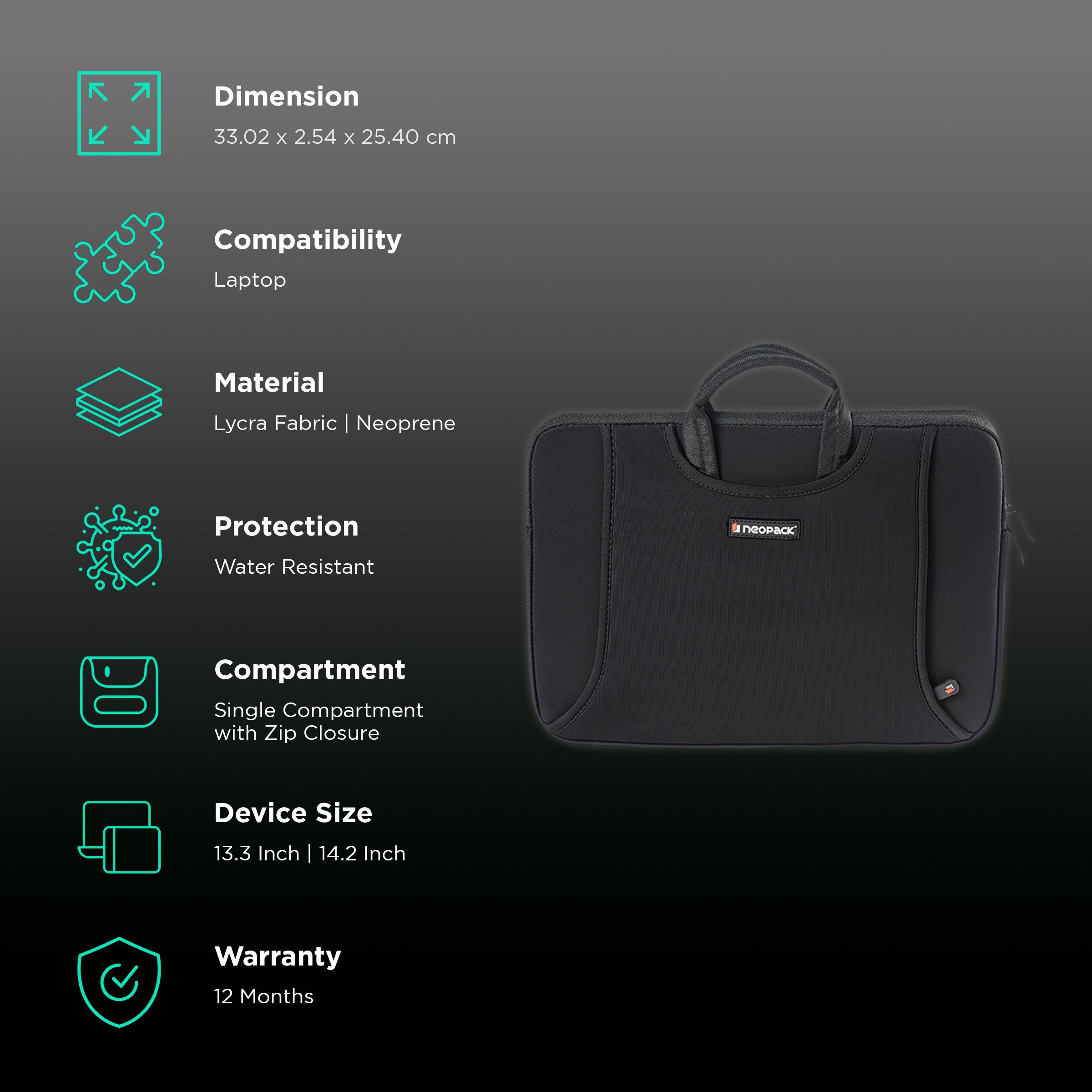 neopack Lycra Fabric, Neoprene Laptop Sleeve for 13.3 & 14.2 Inch Laptop (Water Resistant, Black)_3