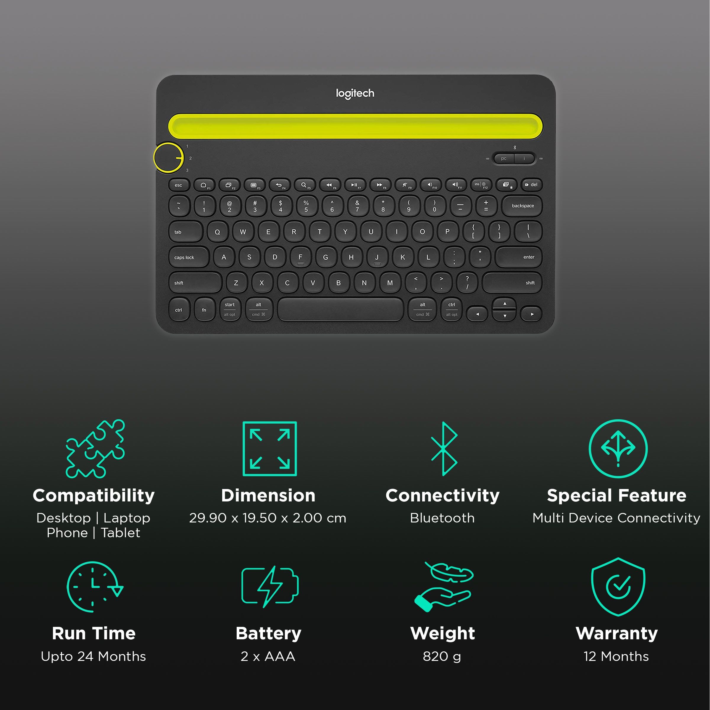 logitech K480 Bluetooth Wireless Keyboard with Multi Device Connectivity (5 Million Keystrokes, Black)_2