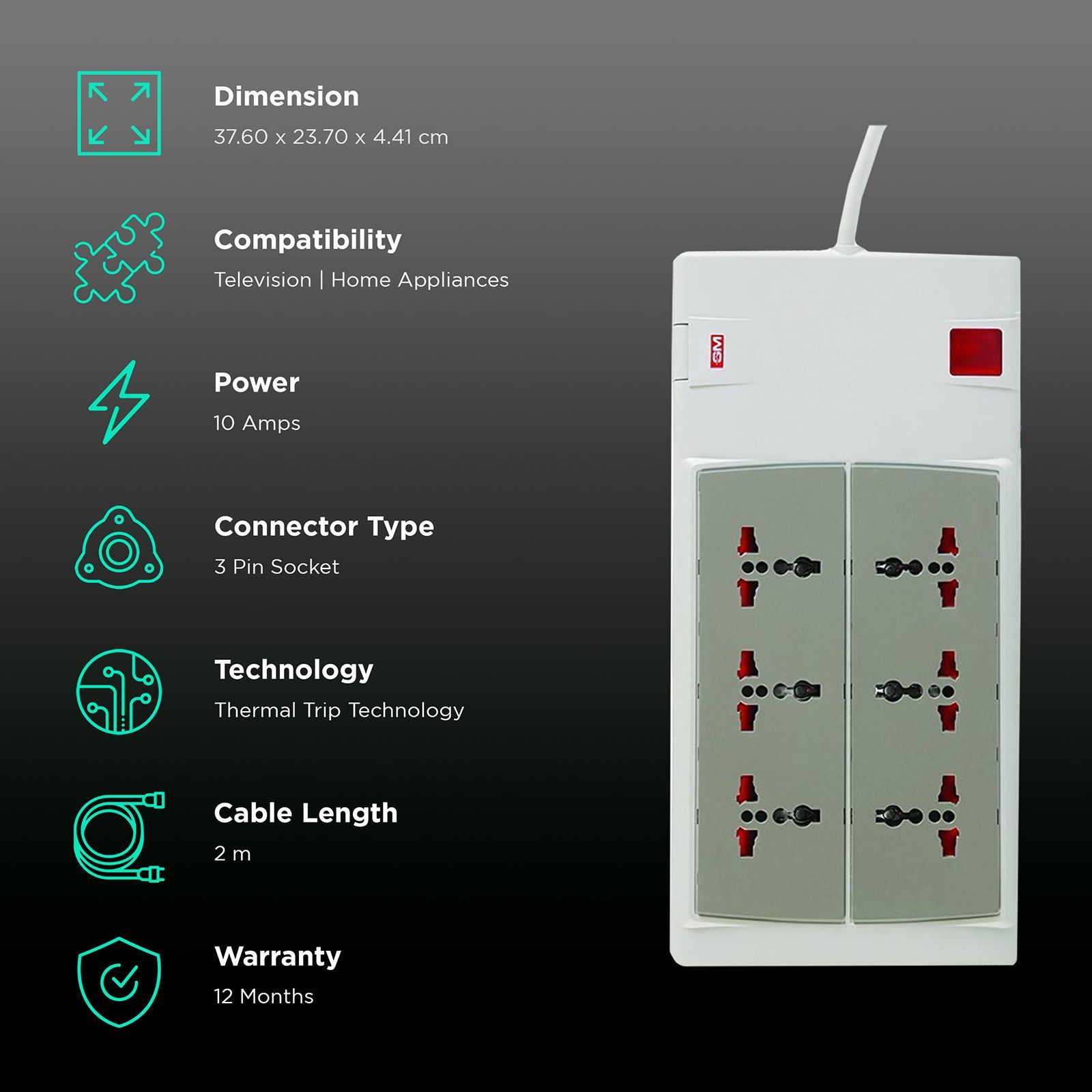 GM G-Power 6 + 1 Outlet Spike Adaptor (3059, Grey)_2