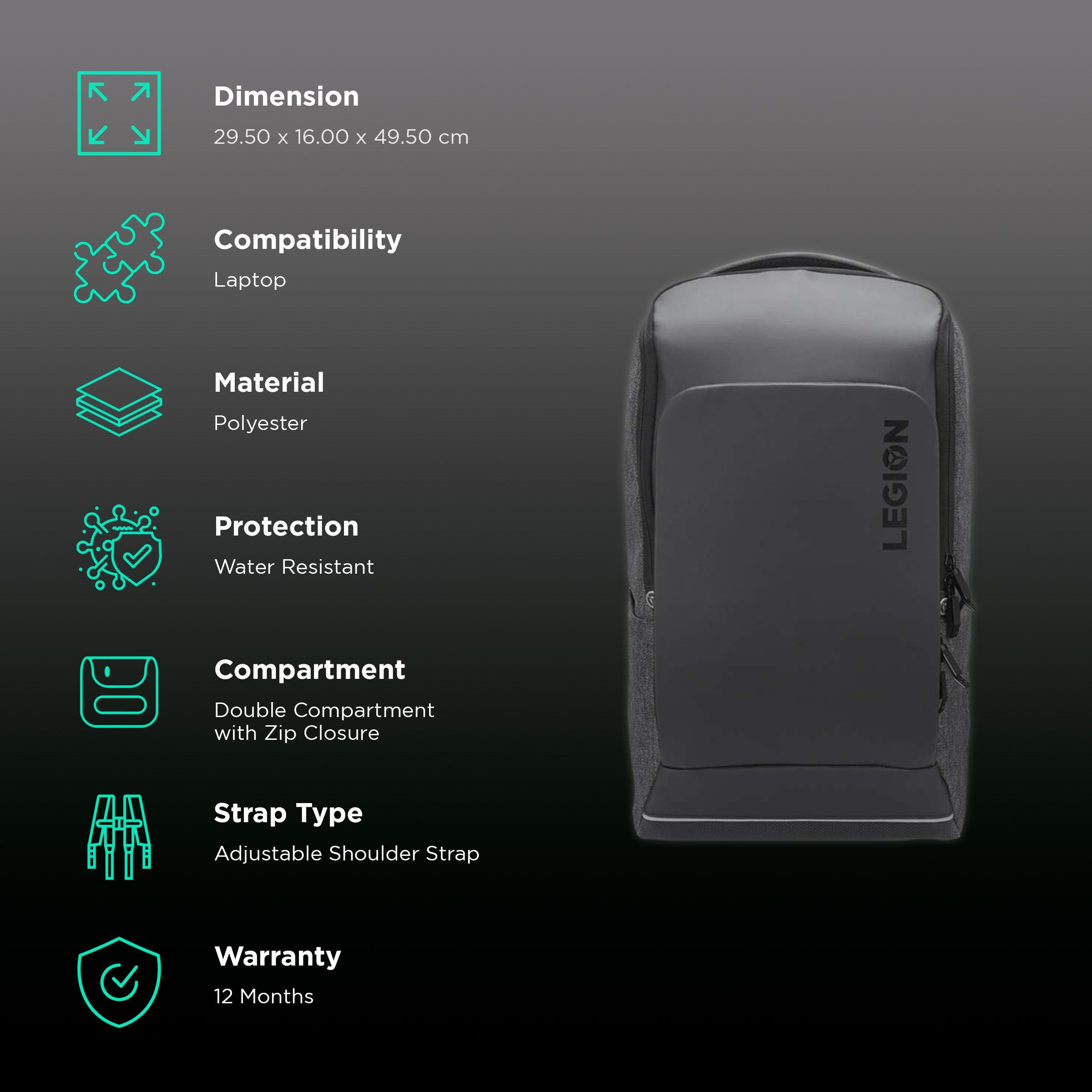 Lenovo Legion Recon Polyester Laptop Backpack for 15.6 Inch Laptop (Water Resistant, Black)_2