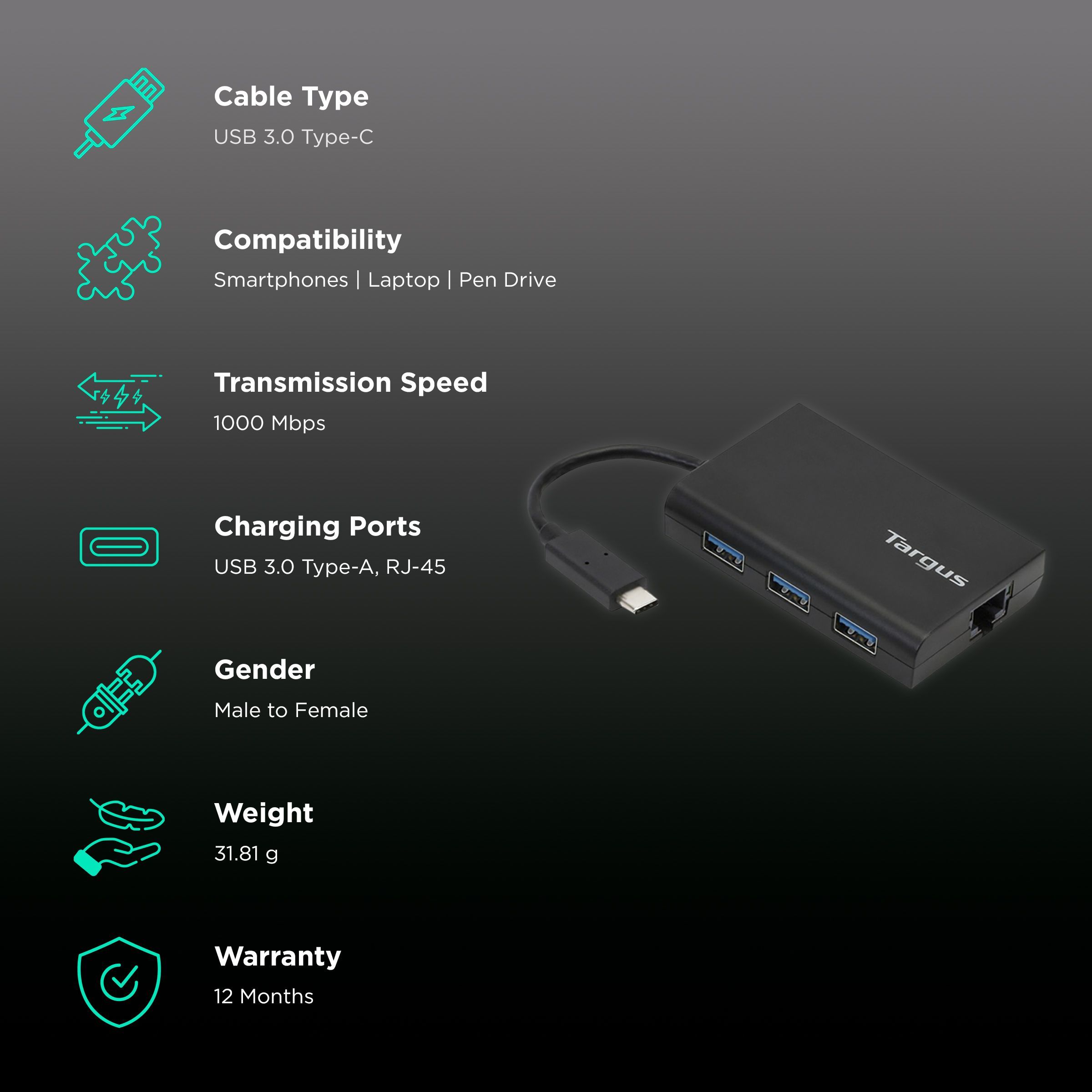 Targus Power USB 3.0 Type C to USB 3.0 Type A, LAN Port Multi-Port Hub (Compact Design, Black) Targus Power USB 3.0 Type C to USB 3.0 Type A, LAN Port Multi-Port Hub (Compact Design, Black)_2