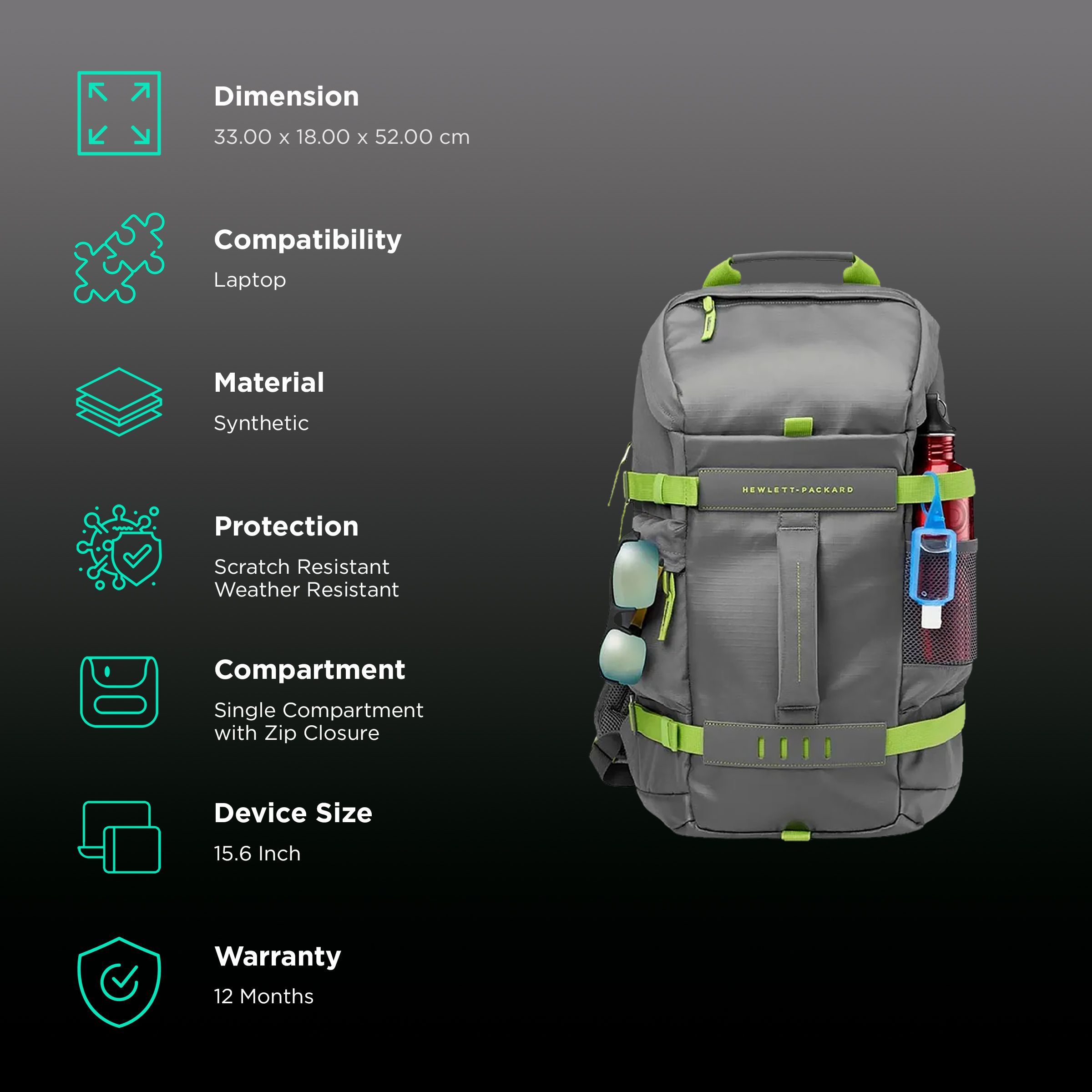 HP Odyssey Synthetic Laptop Backpack for 15.6 Inch Laptop (Scratch & Weather Resistant, Green/Gray)_2
