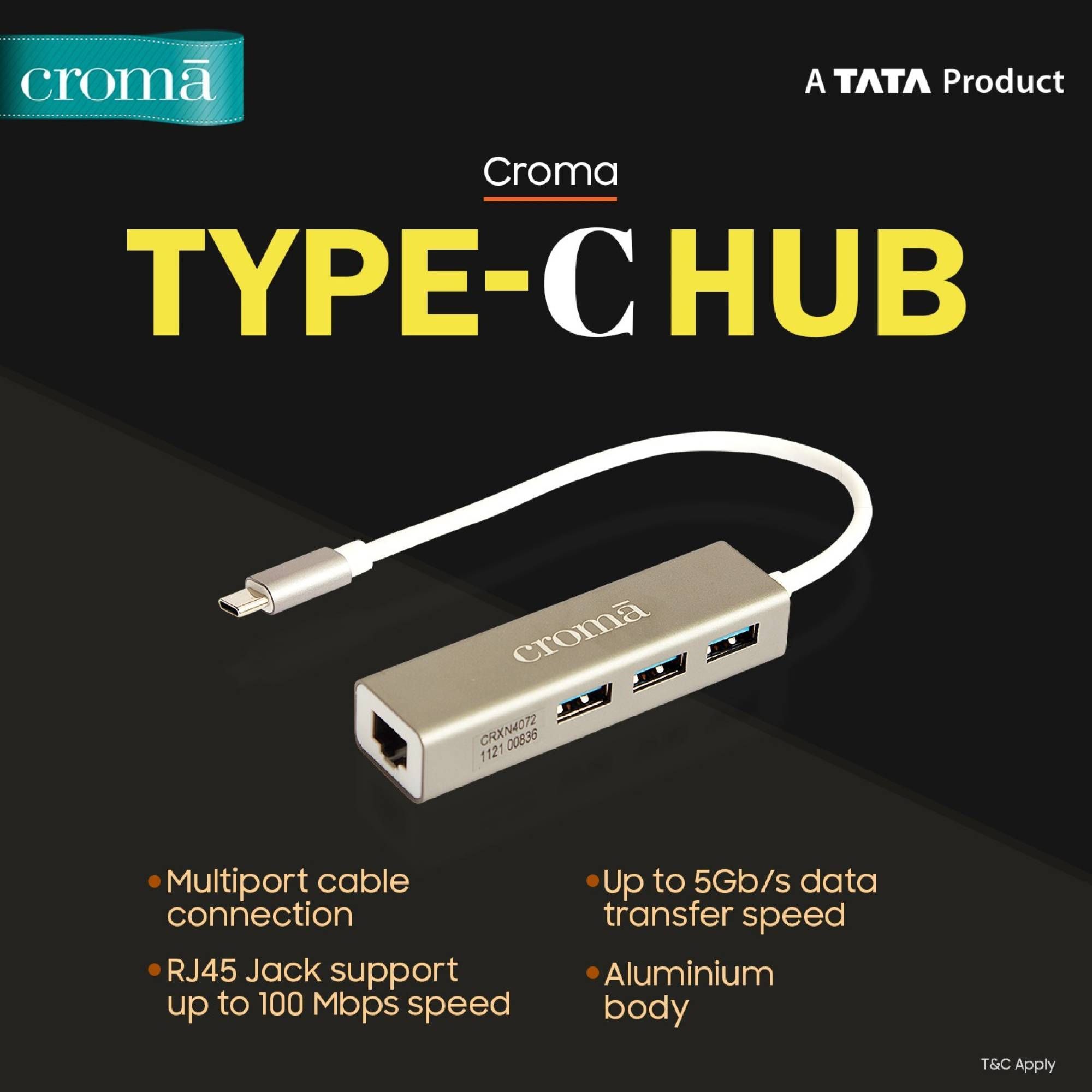 Croma USB 3.0 Type C to USB 3.0 Type A, LAN Port USB Hub (Up to 100 Mbps Speed, Black)_7