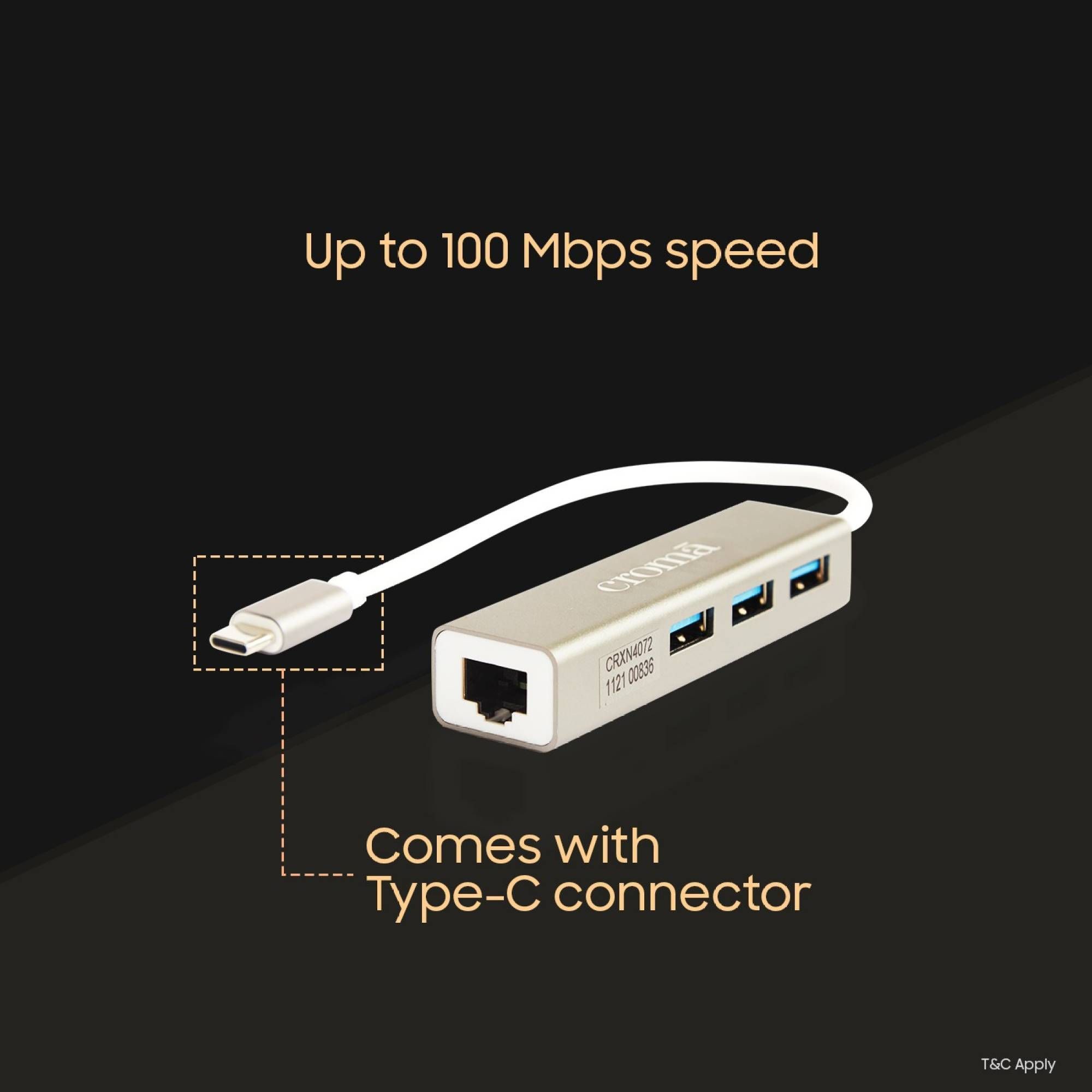 Croma USB 3.0 Type C to USB 3.0 Type A, LAN Port USB Hub (Up to 100 Mbps Speed, Black)_8