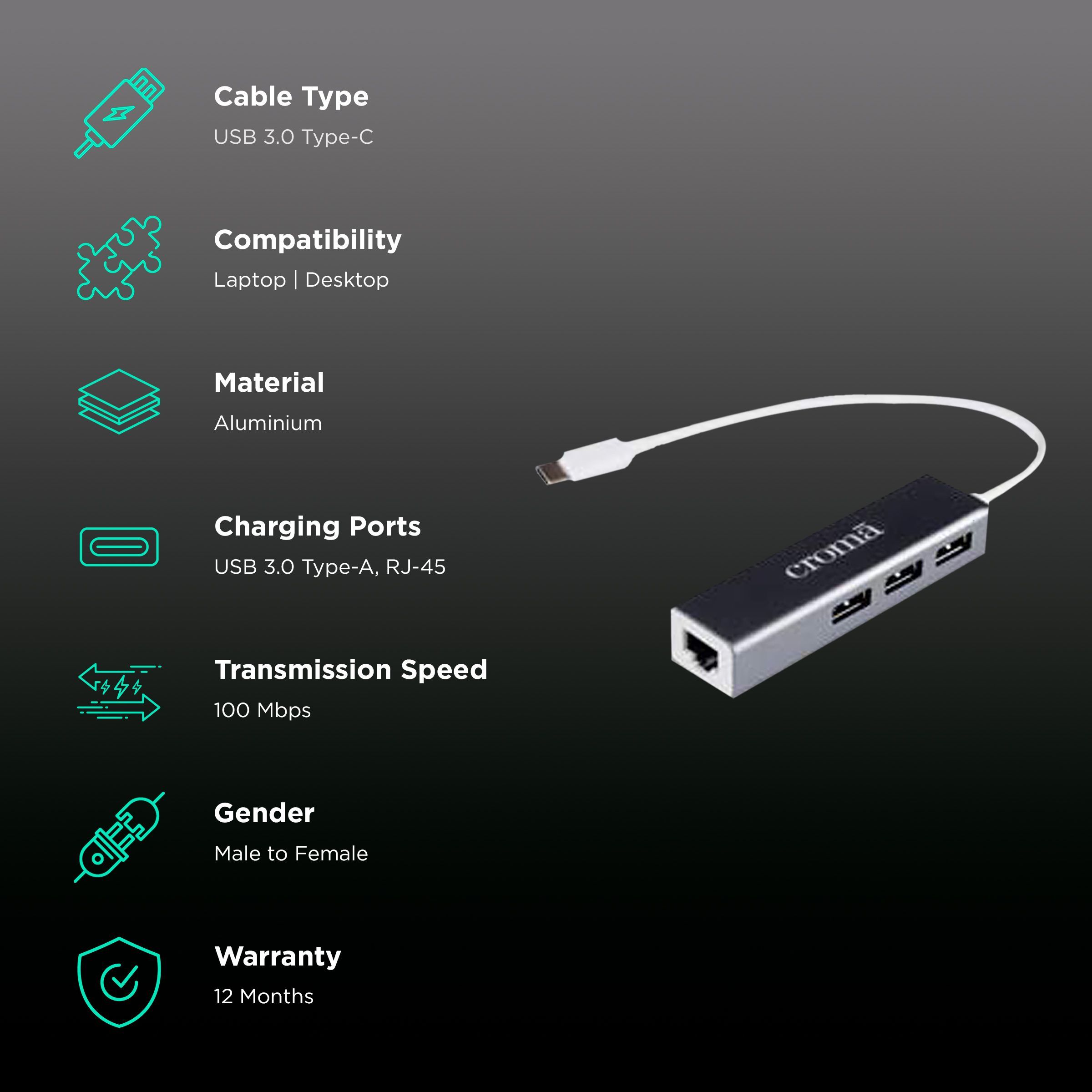 Croma USB 3.0 Type C to USB 3.0 Type A, LAN Port USB Hub (Up to 100 Mbps Speed, Black)_2