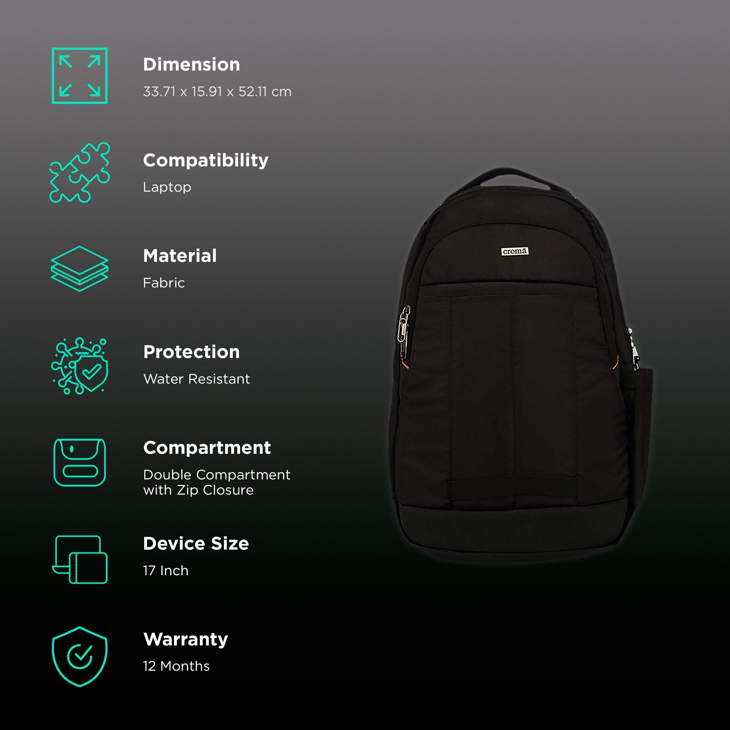 Croma Premium Fabric Laptop Backpack for 17 Inch Laptop (Water Resistant, Black)_2