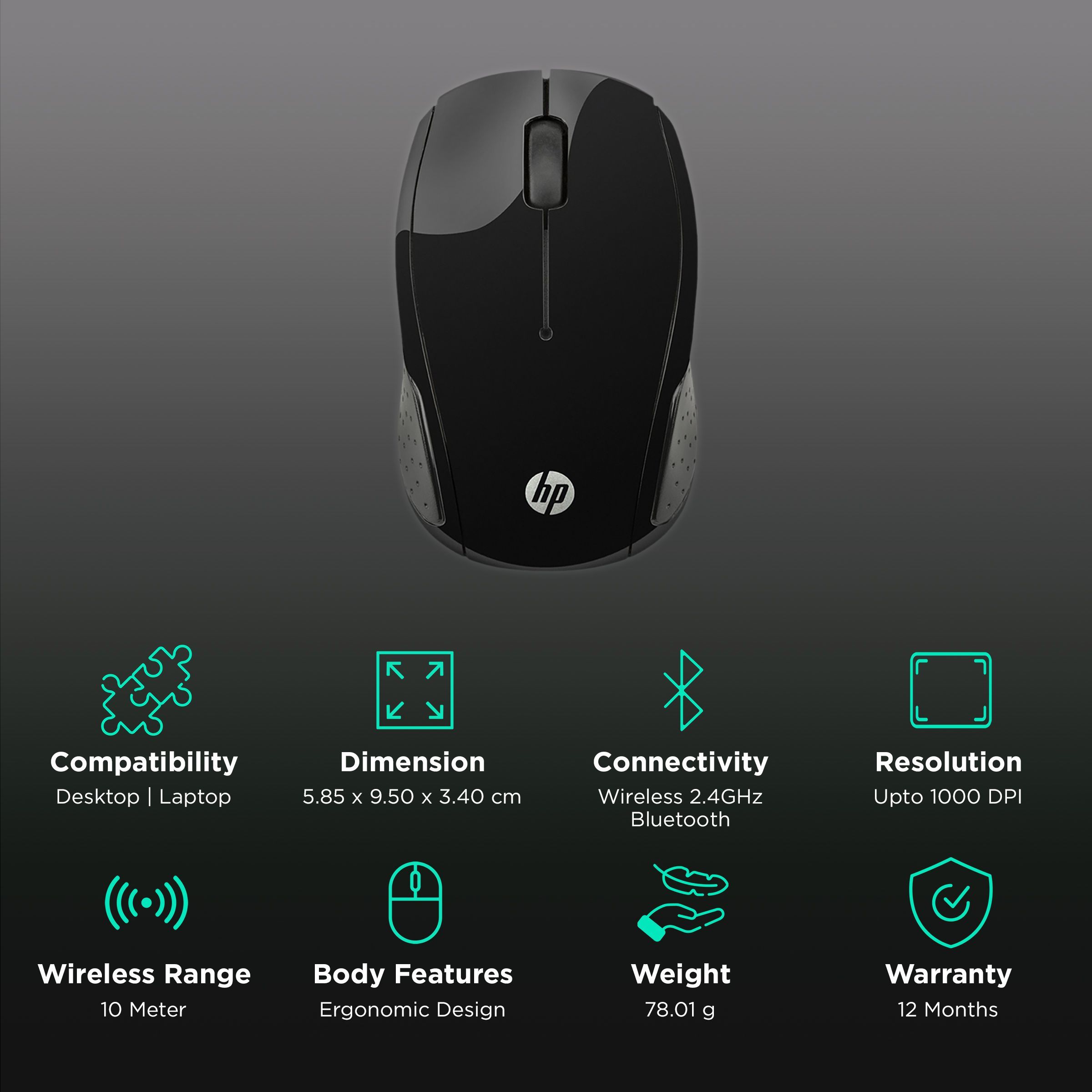 HP 200 Wireless Optical Mouse (1000 DPI, Ergonomic Design, Black)_2