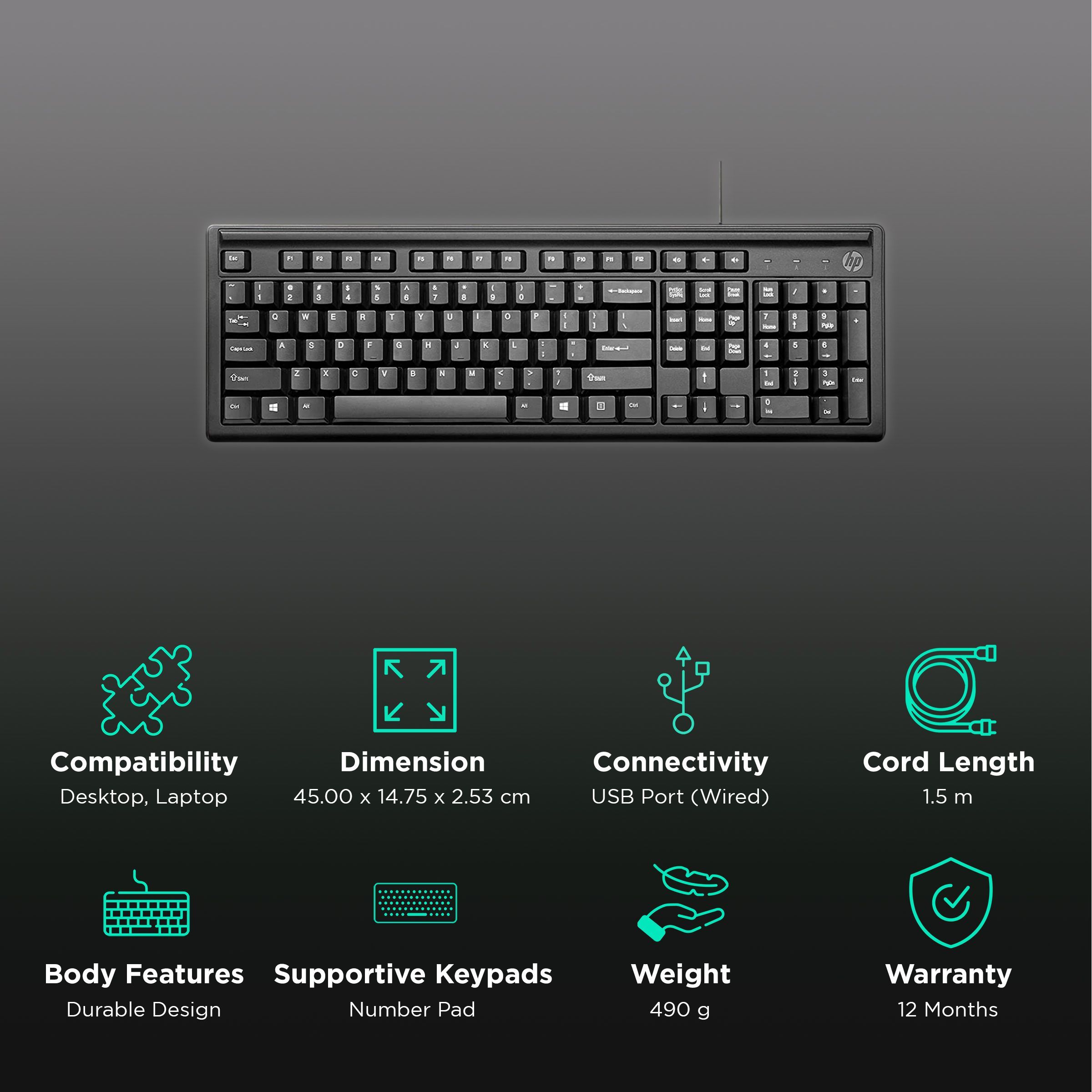 HP 100 Wired Keyboard with Number Pad (3 Hot Keys, Black)_2