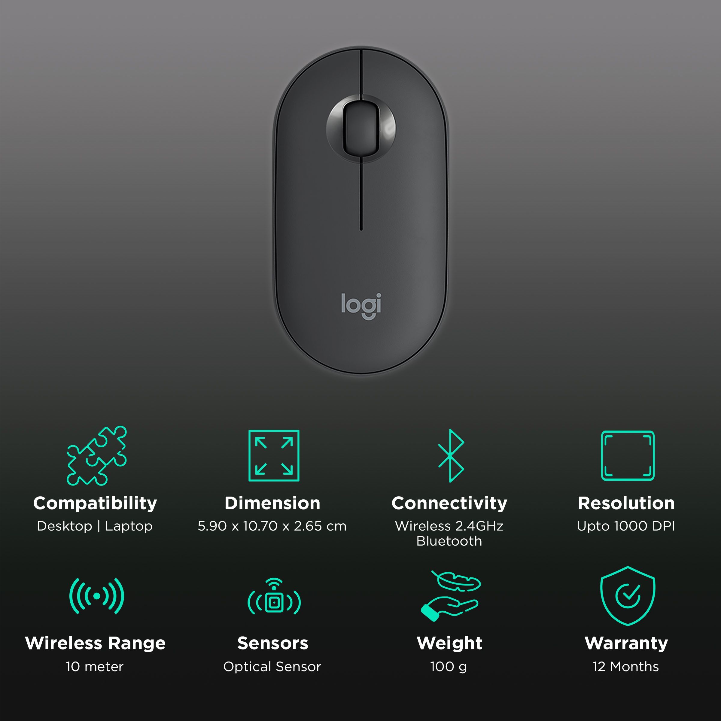 logitech Pebble Wireless Optical Mouse with Silent Click Buttons (1000 DPI, Ultra Portable, Graphite)_2