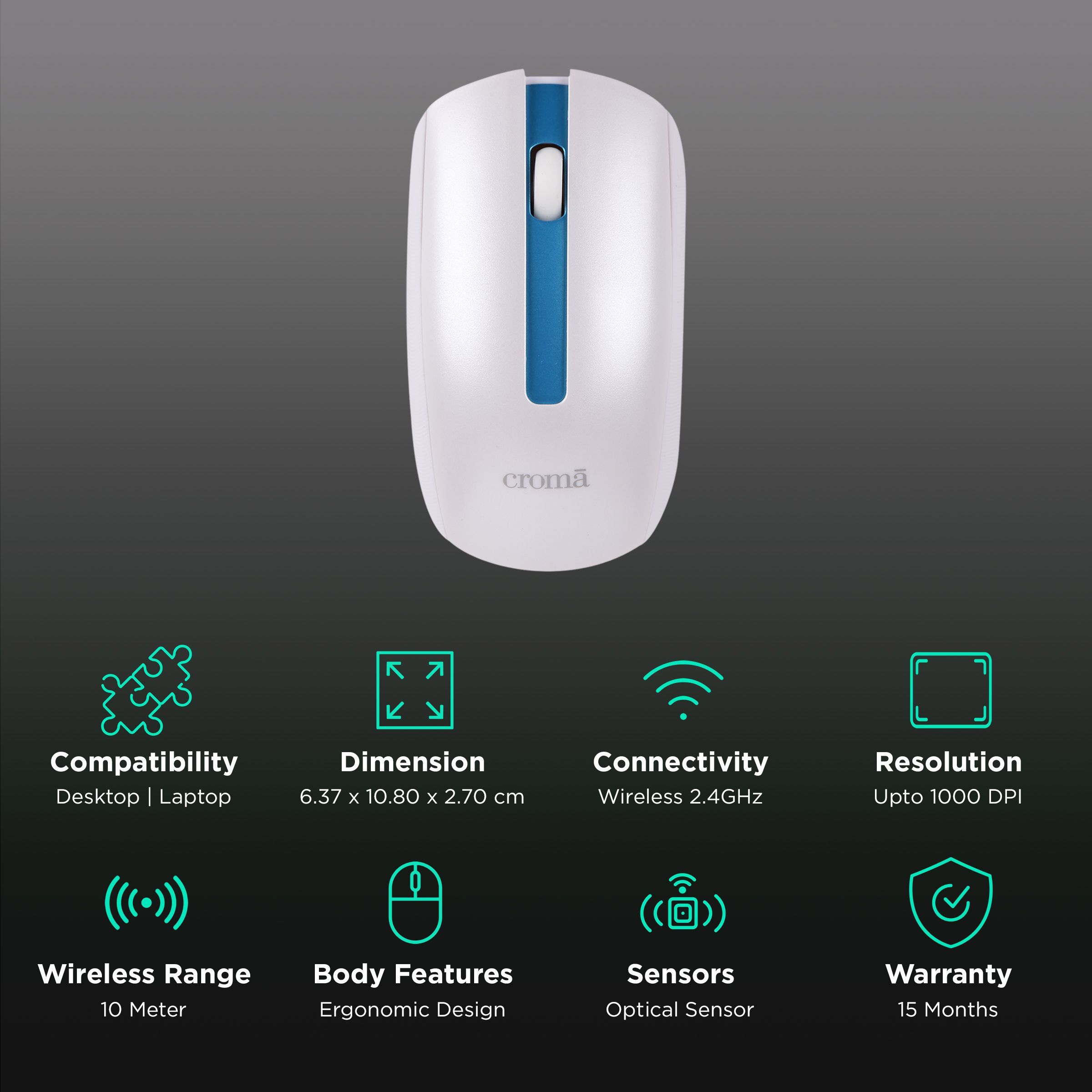 Croma Wireless Optical Mouse (1000 DPI, Ergonomic Design, White)_2