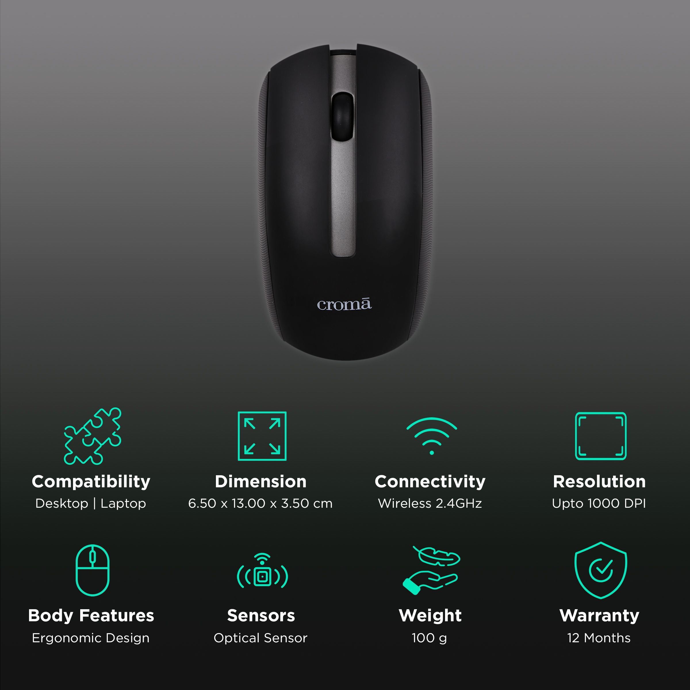 Croma Wireless Optical Mouse (1000 DPI, Ergonomic Design, Black) Croma Wireless Optical Mouse (1000 DPI, Ergonomic Design, Black)_2
