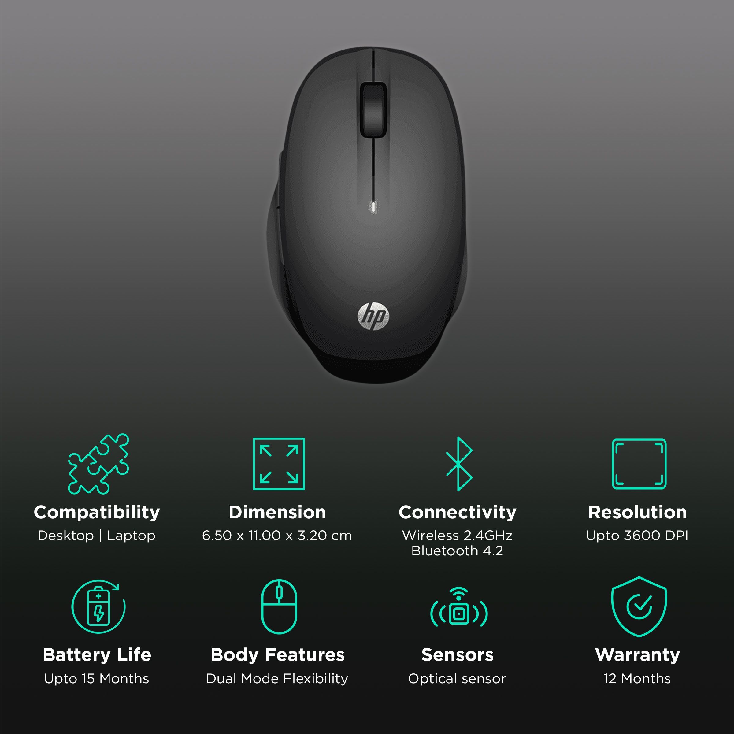 HP 6CR71AA Wireless Optical Mouse with Customizable Buttons (3600 DPI, Dual Connectivity, Black) HP 6CR71AA Wireless Optical Mouse with Customizable Buttons (3600 DPI, Dual Connectivity, Black)_2