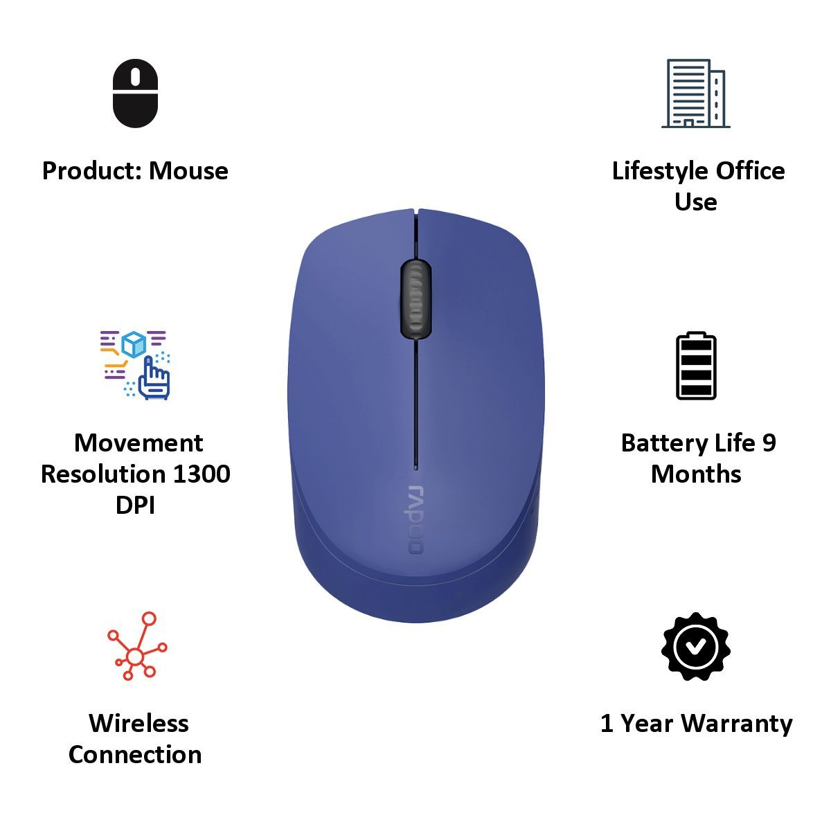 rapoo M100 1300 DPI Bluetooth Wireless Mouse (Blue)_5