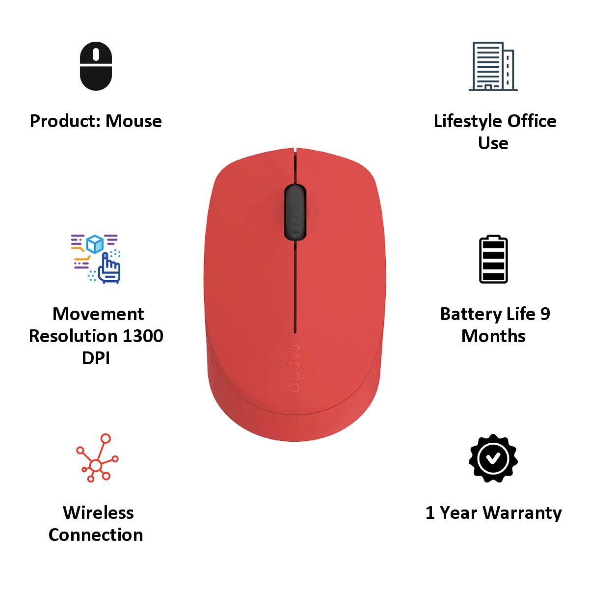 rapoo M100 1300 DPI Bluetooth Wireless Mouse (Red)_5