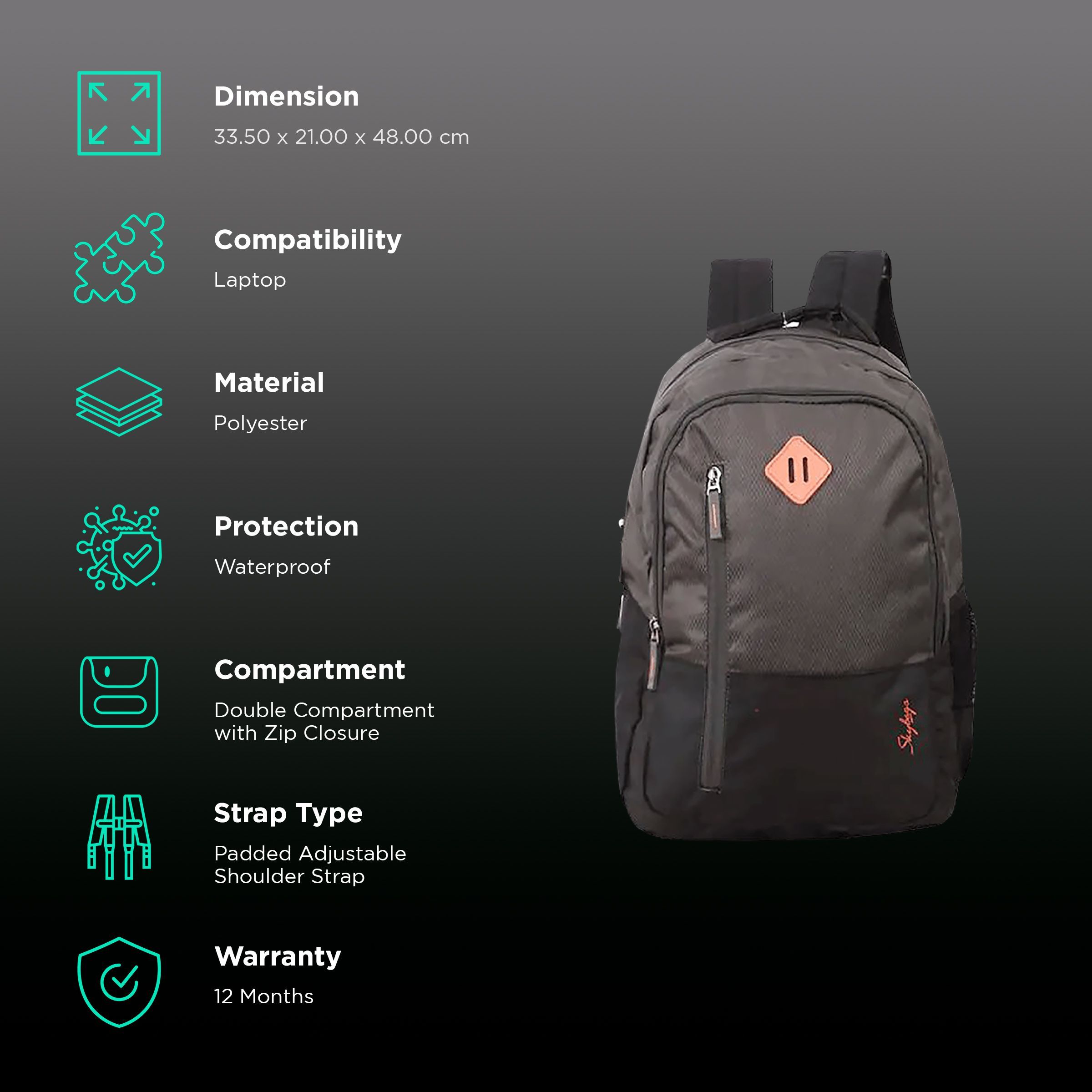 Skybags Arthur Polyester Laptop Backpack for 15.4 Inch Laptop (30 L, Waterproof, Grey)_2