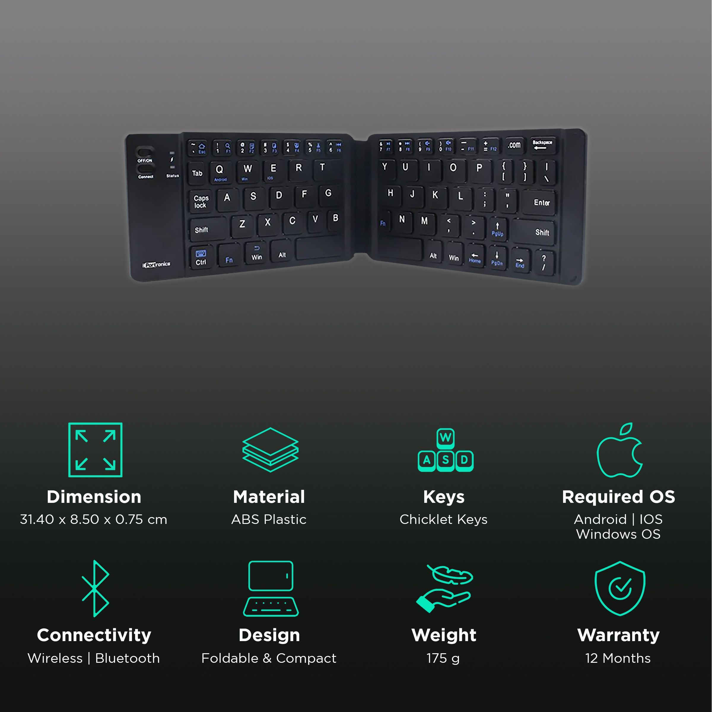 Portronics Chicklet Bluetooth Foldable Keyboard for Android, Windows Tablets & iPads (Power Saving Mode, Black)_3