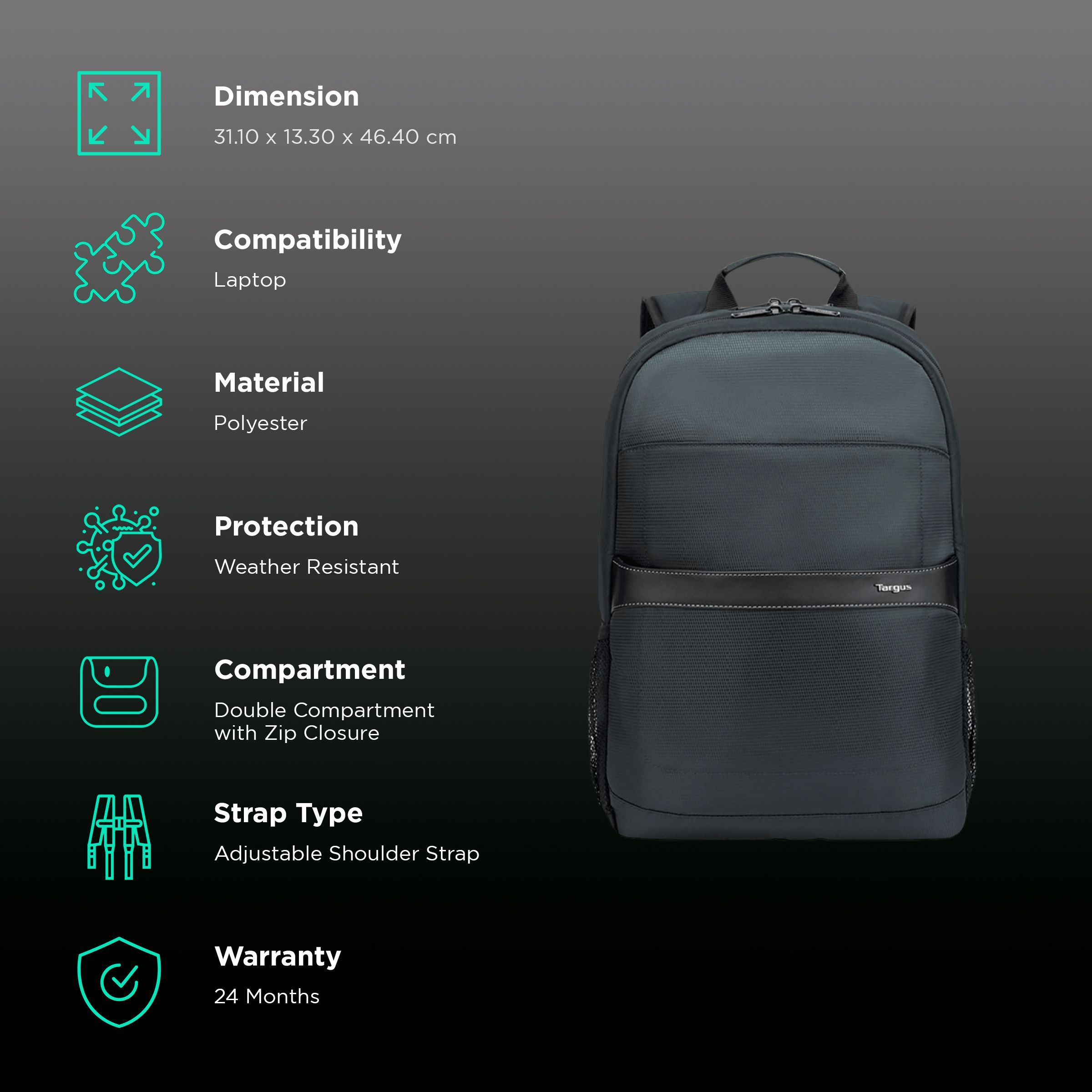 Targus Geolite Advanced Polyester Laptop Backpack for 12.5 & 15.6 Inch Laptop (27 L, Weather Resistant, Slate Grey)_2