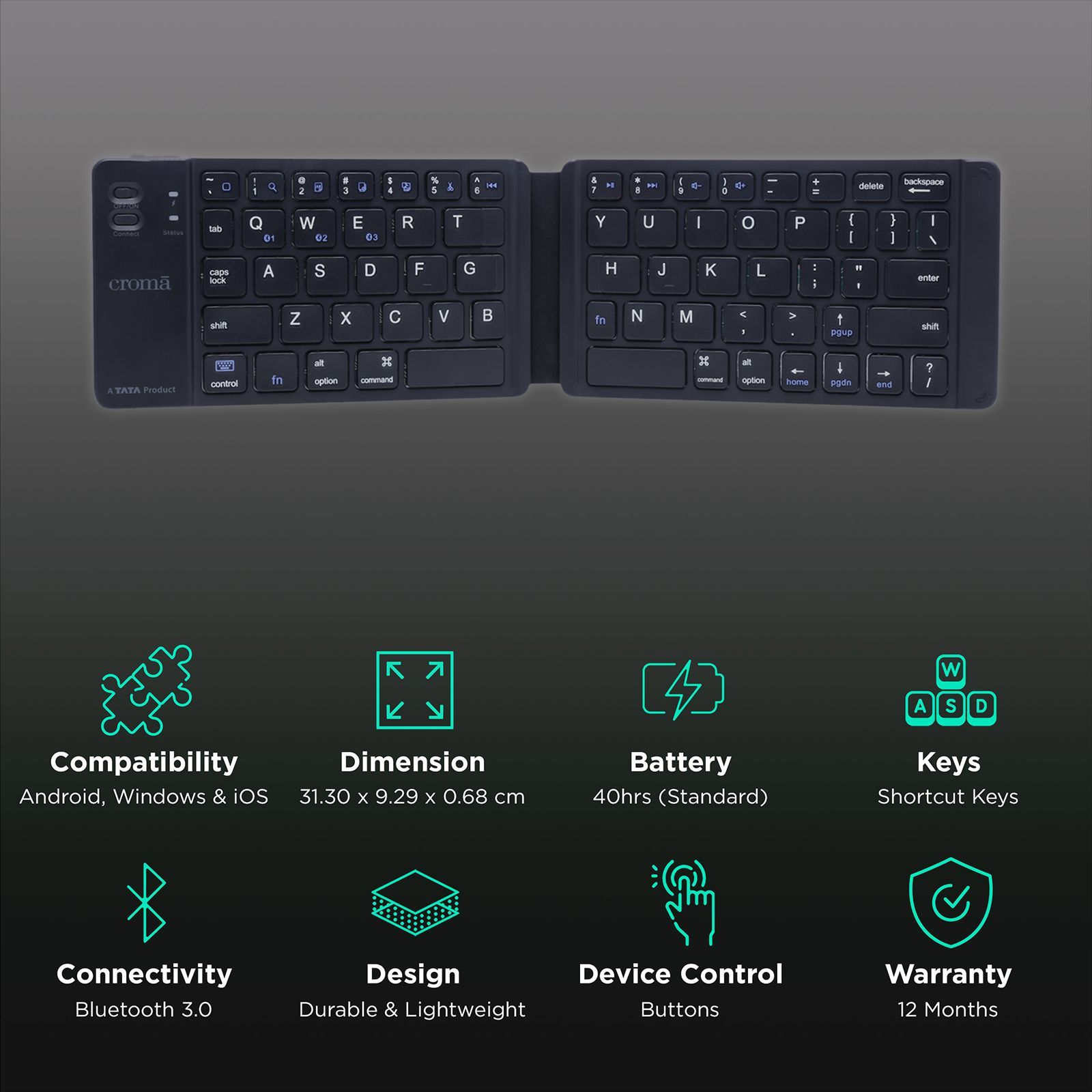 Croma Rechargeable Bluetooth 3.0 Wireless Foldable Keyboard with Multi Device Connectivity (Lightweight, Black)_2