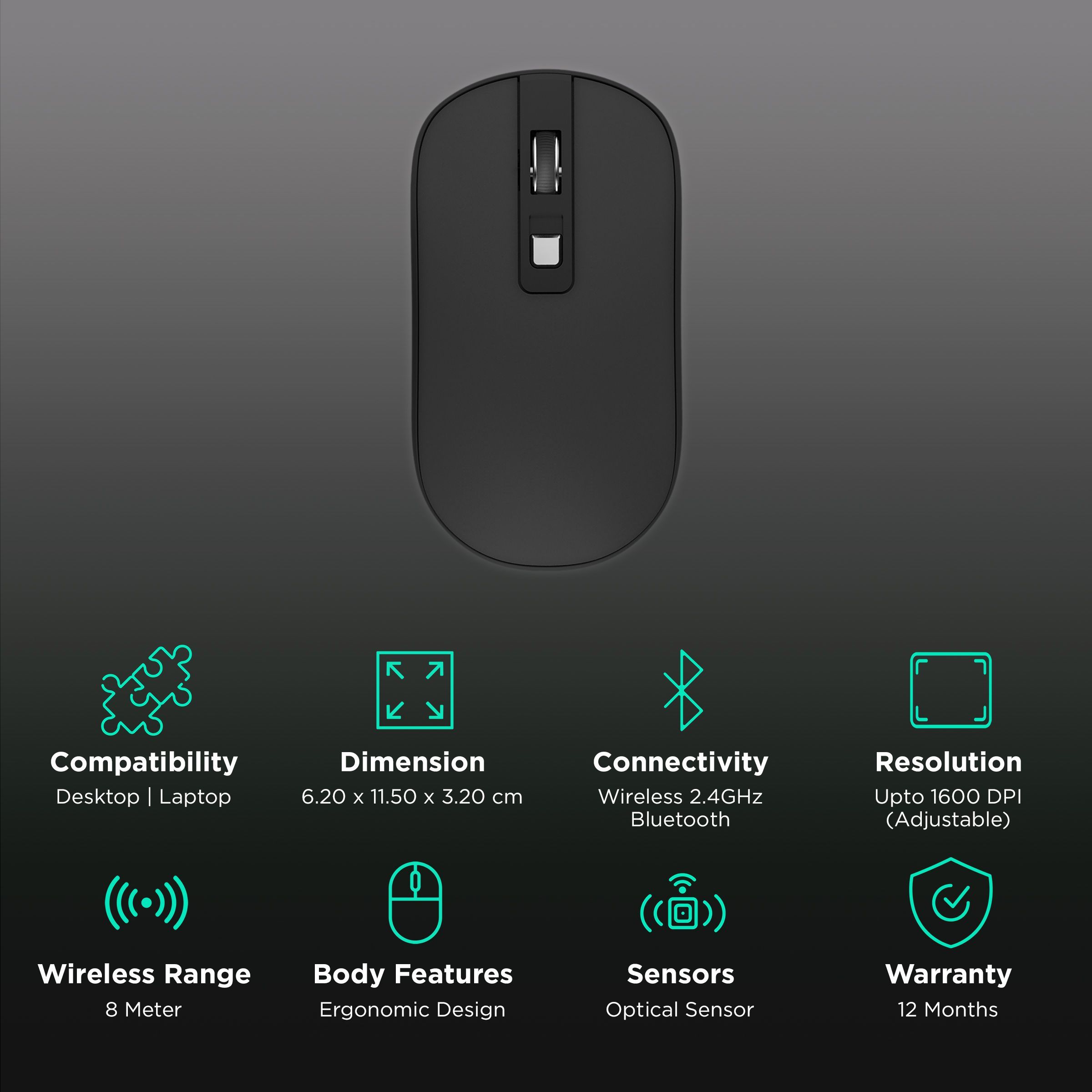 Croma XM5109 Rechargeable Wireless Optical Mouse (1600 DPI Adjustable, Ergonomic Design, Black)_2