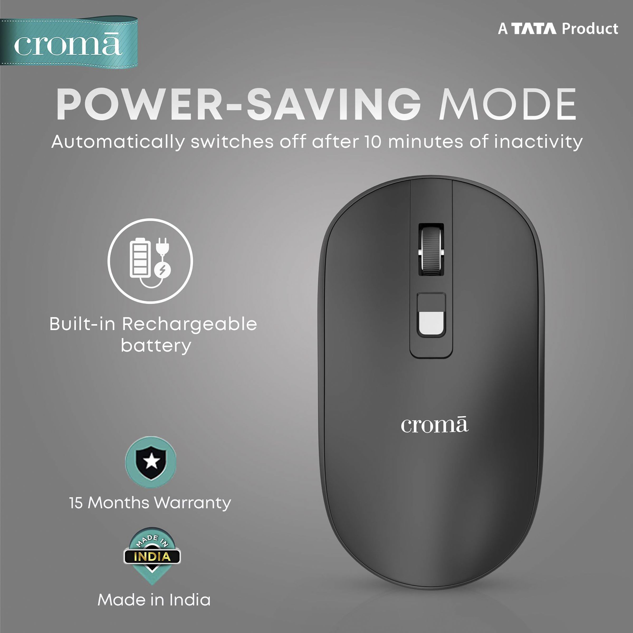Croma XM5109 Rechargeable Wireless Optical Mouse (1600 DPI Adjustable, Ergonomic Design, Black)_6
