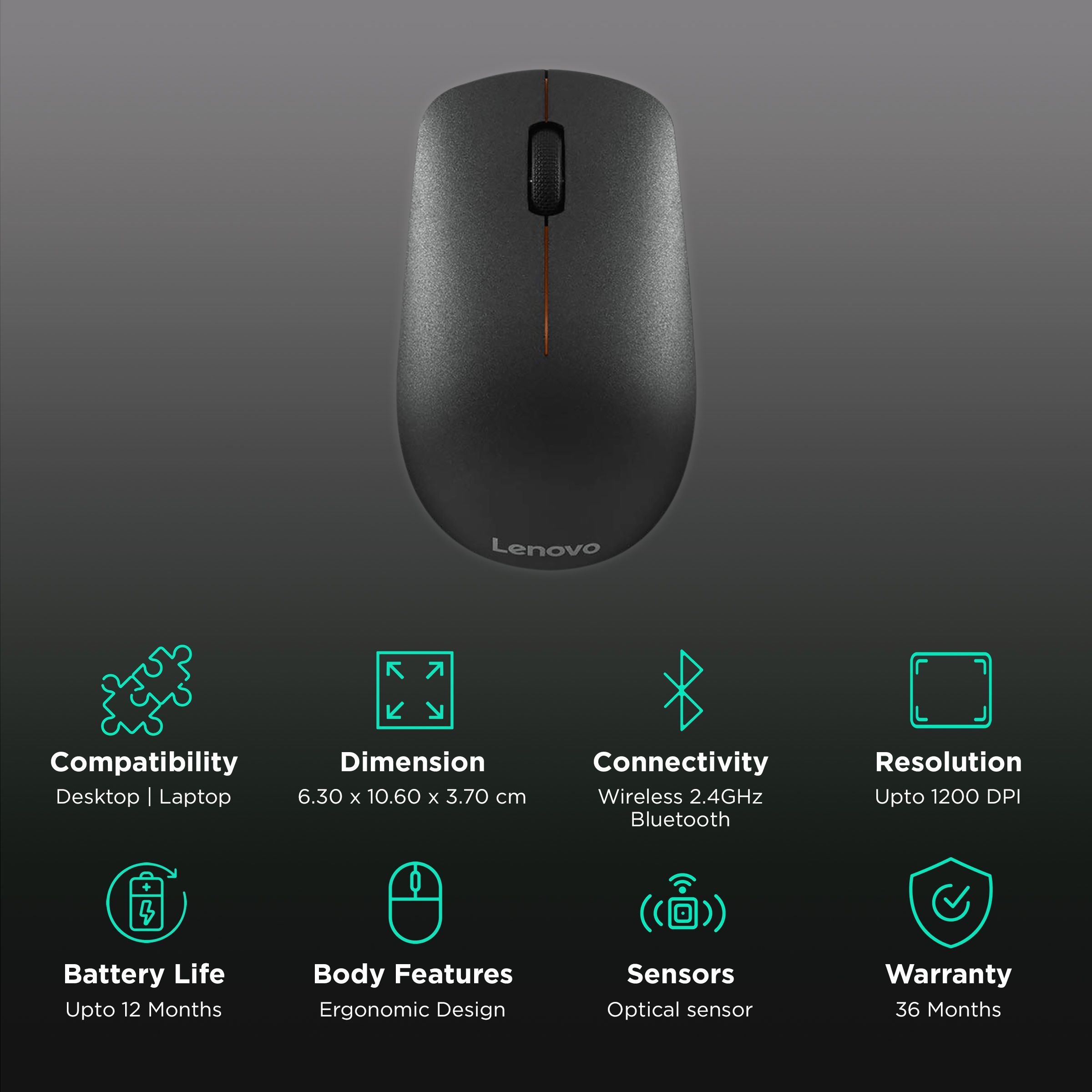 Lenovo 400 Wireless Optical Mouse (1200 DPI, Ergonomic Design, Black)_2