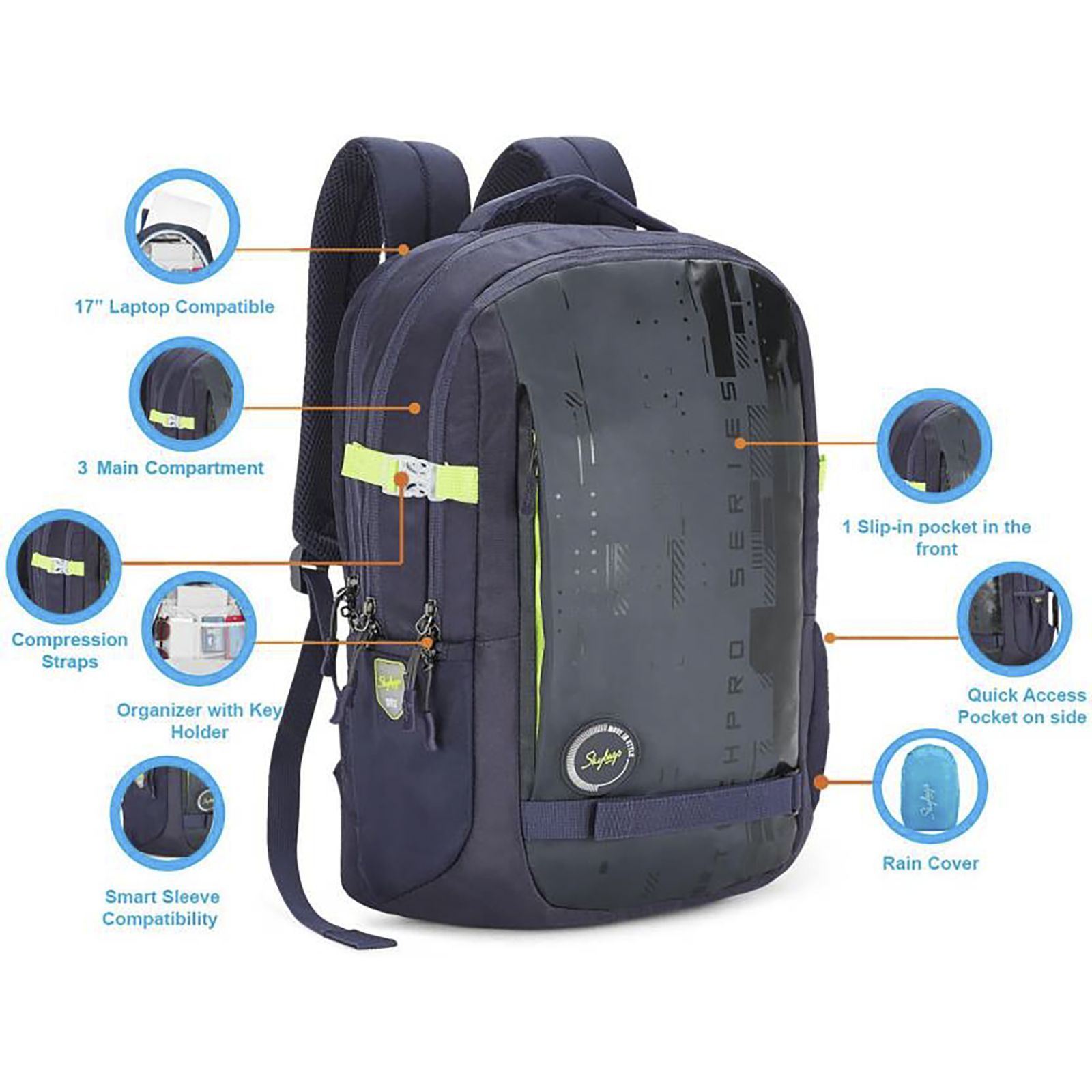 Skybags Intern 1 Polyester Laptop Backpack for 17 Inch Laptop (30 L, With Rain Cover, Blue)_8