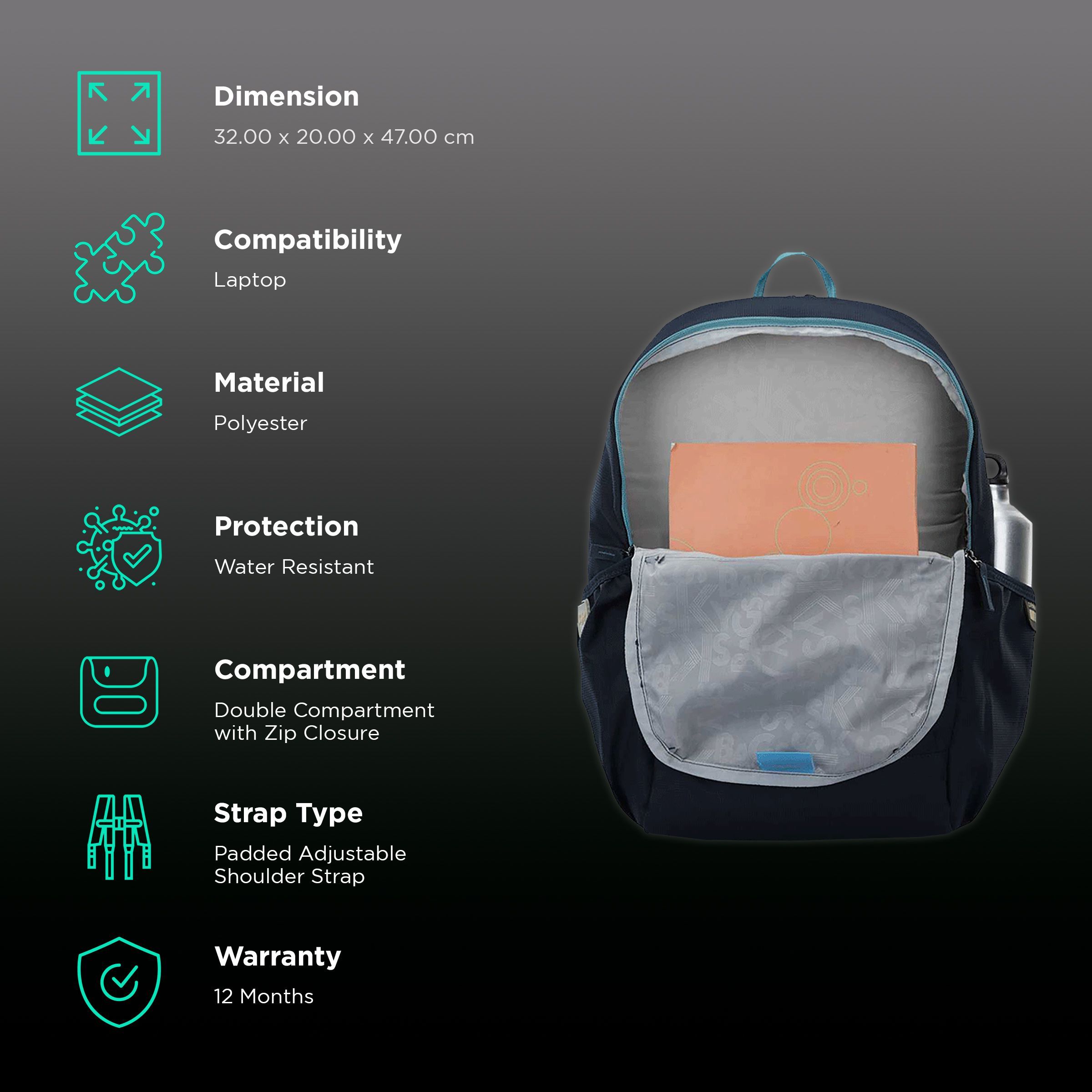 Skybags Yolo Polyester Laptop Backpack for 15.6 Inch Laptop (25 L, Water Resistant, Blue)_2