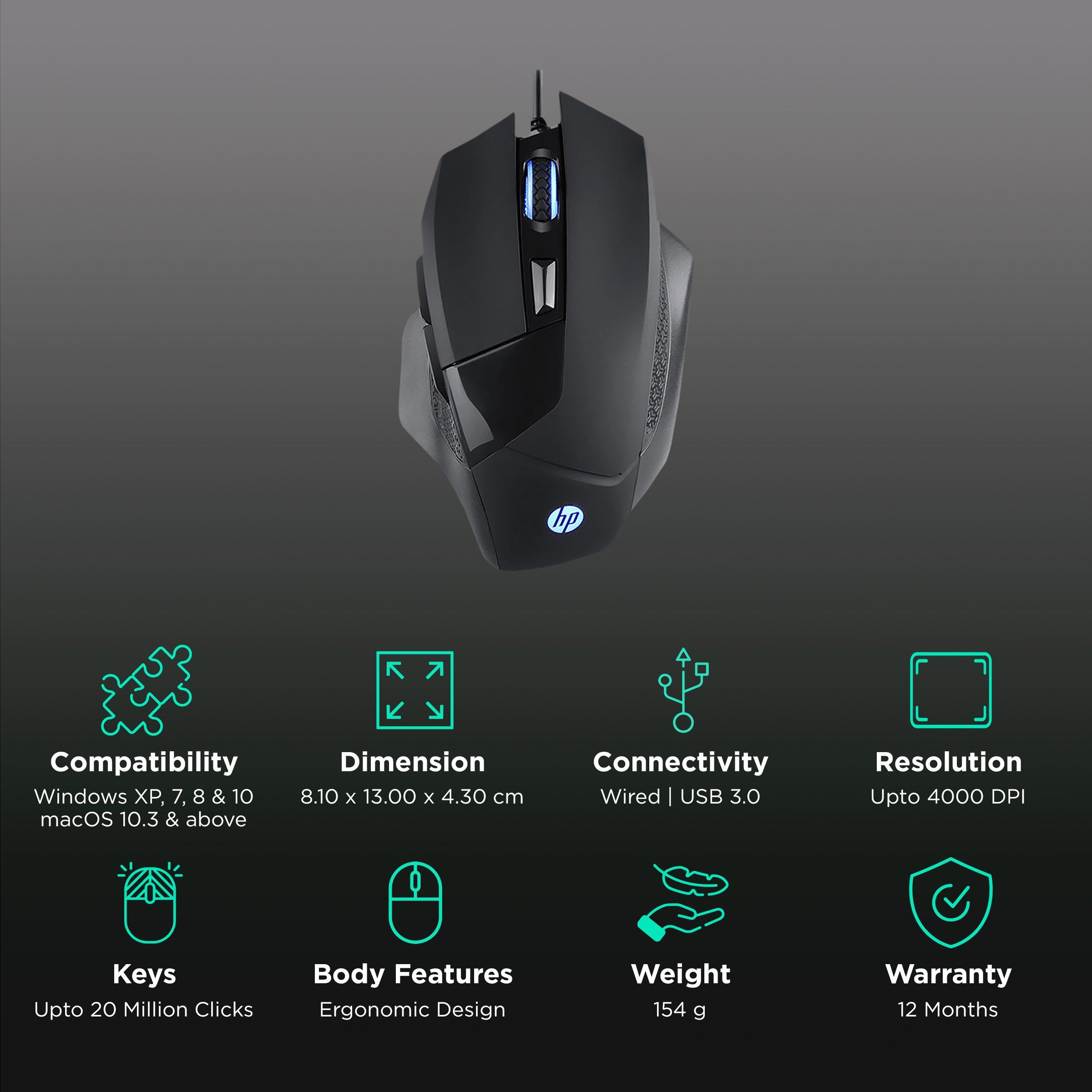 HP G200 Wired Optical Gaming Mouse with Customizable Buttons (4000 DPI, Ergonomic Design, Black)_2