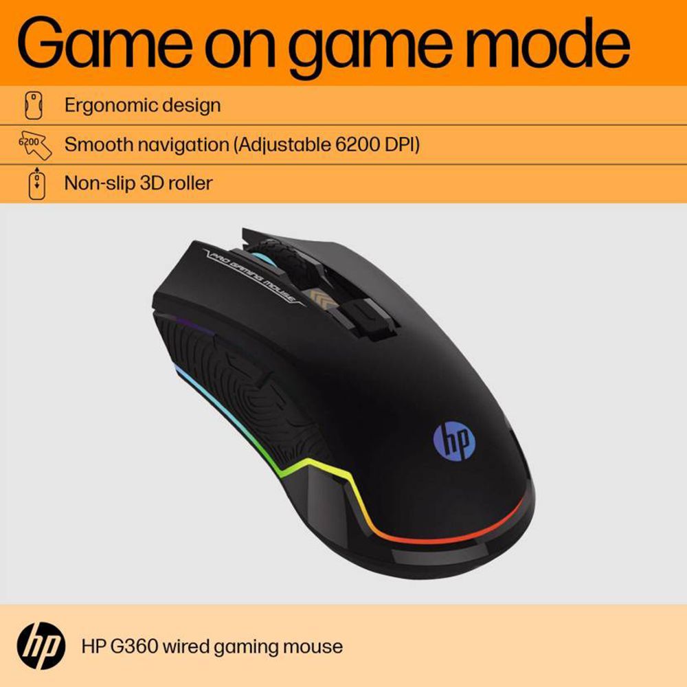 HP G360 Wired Optical Gaming Mouse (6200 DPI Adjustable, Ergonomic Design, Black)_7