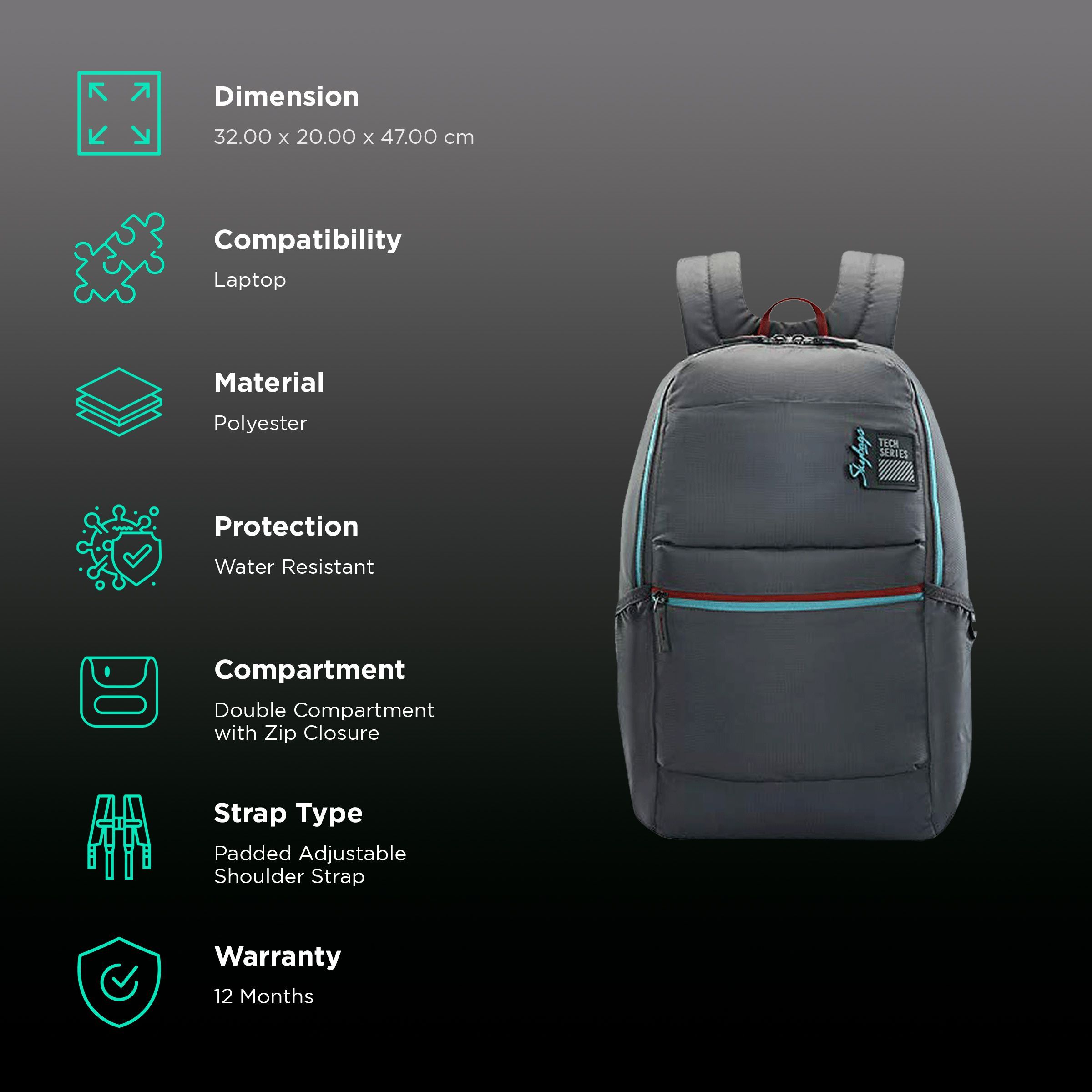 Skybags Yolo Polyester Laptop Backpack for 15.6 Inch Laptop (25 L, Water Resistant, Grey)_2