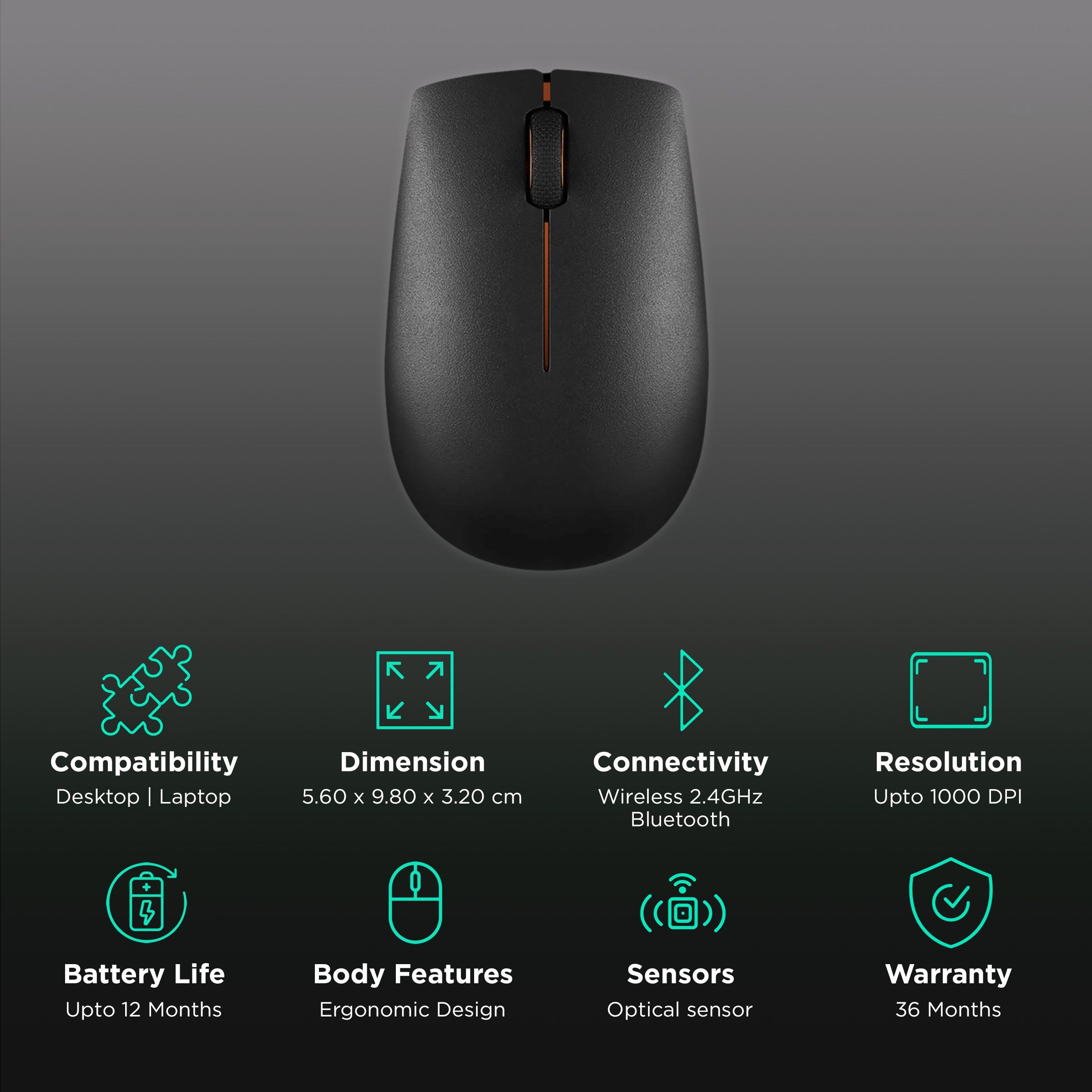 Lenovo 300 Wireless Optical Mouse (1000 DPI, Ergonomic Design, Black)_2